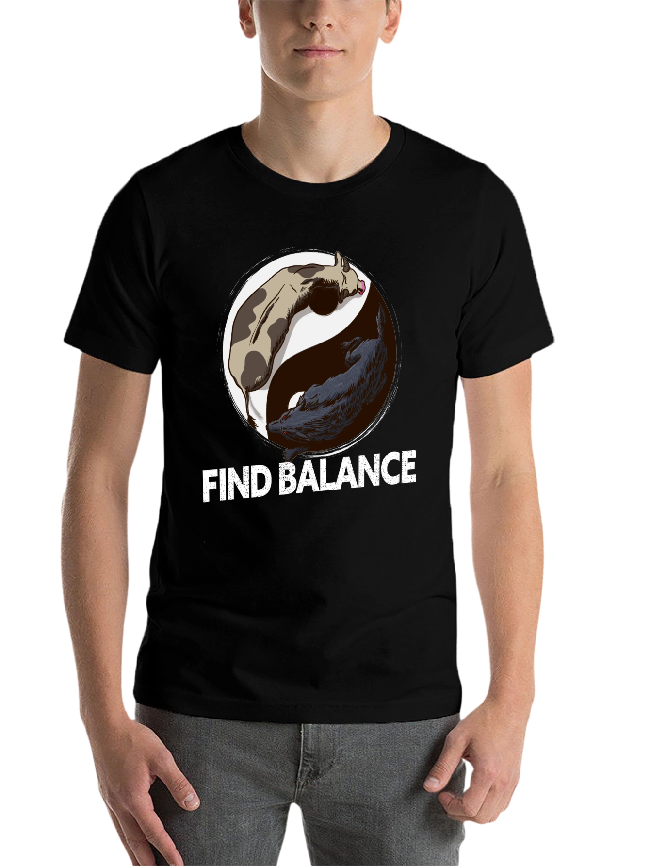 Black Find Balance Yin Yang Cow Wolf Graphic T-Shirt view 7
