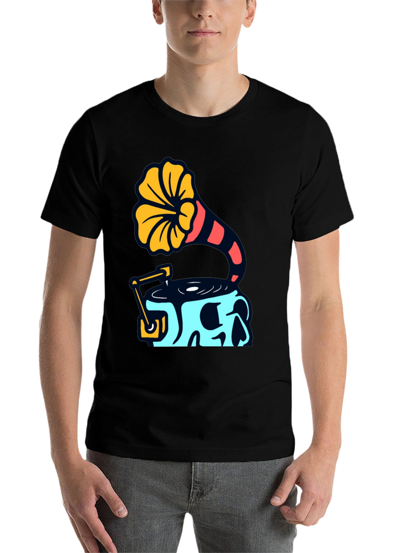 Black Skull Phonograph Graphic Tee - Retro Music Style view 7