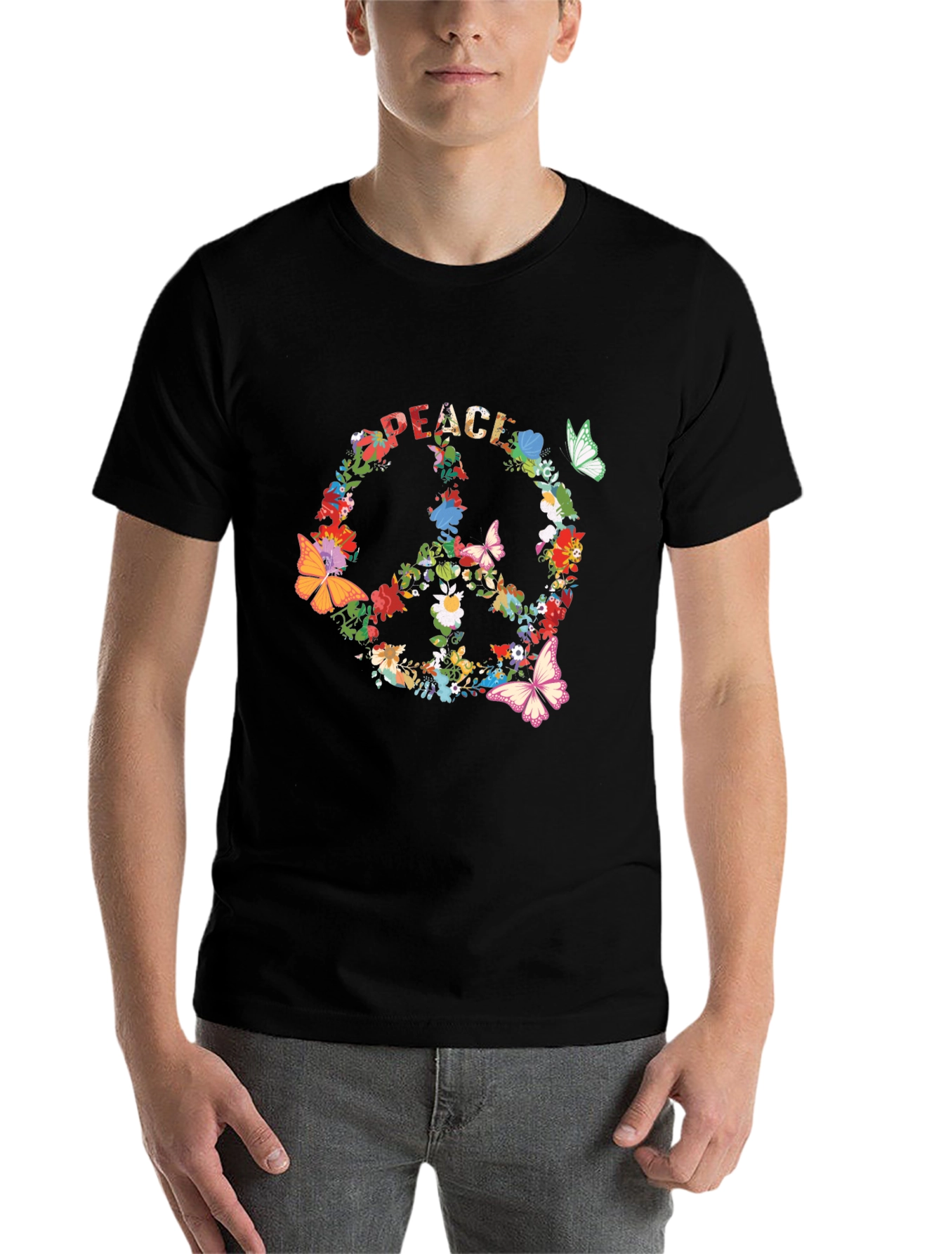 Black Floral Peace Sign T-Shirt - Retro Hippie Style view 7