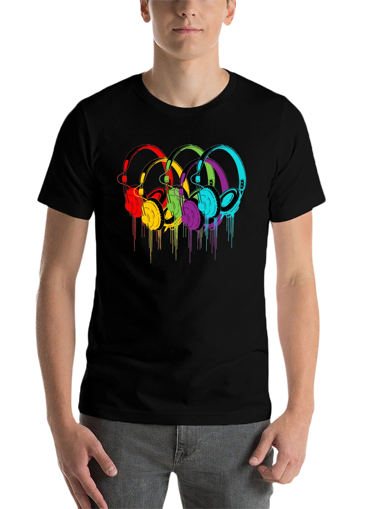 Black Colorful Headphones Graphic Black T-Shirt view 7
