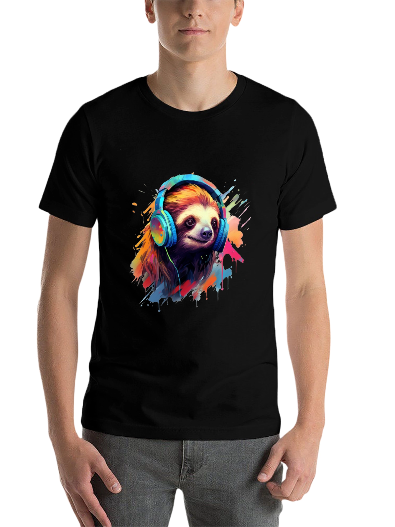 Black Sloth in Headphones Graphic Tee view 7