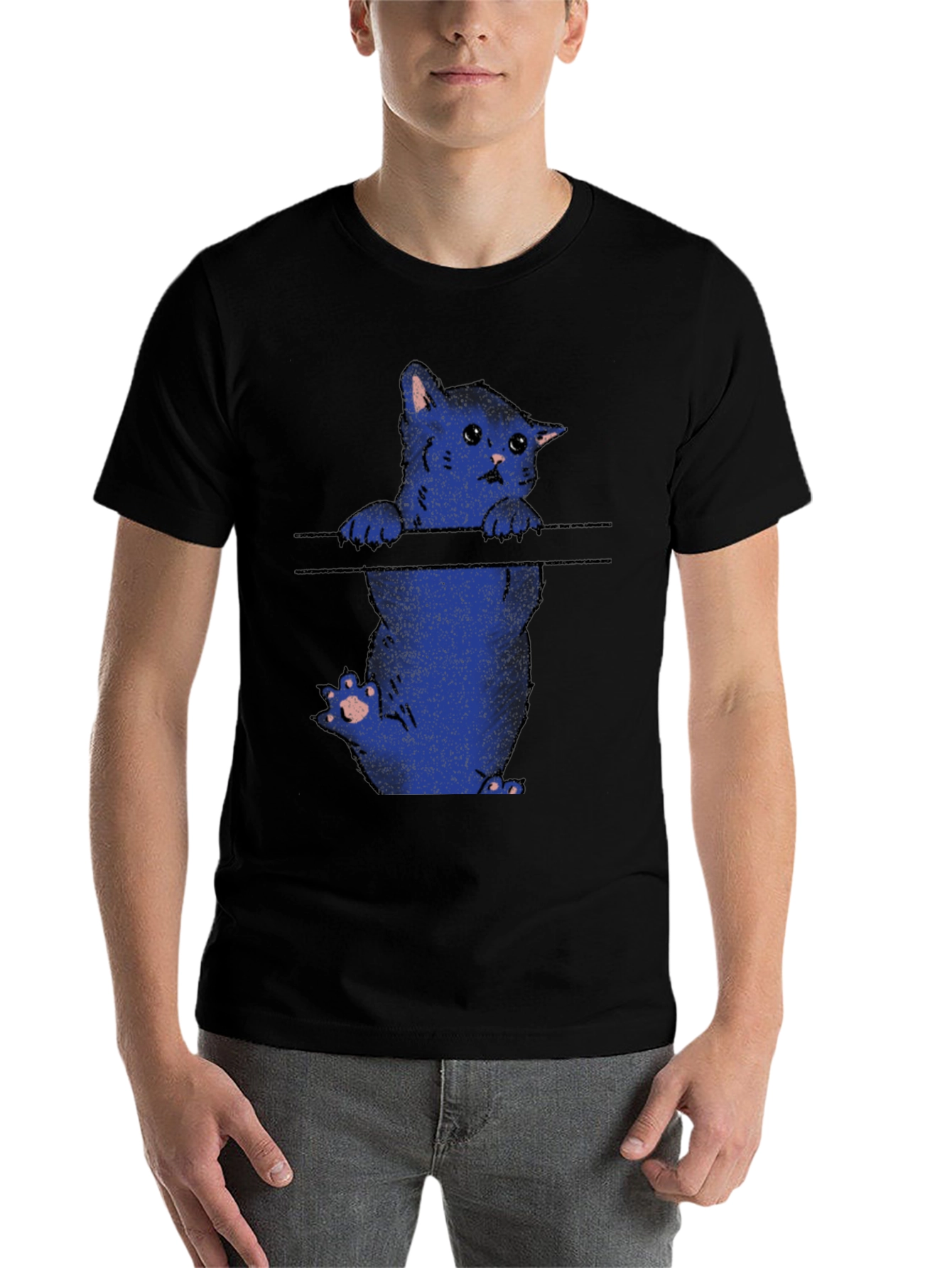 Black Sad Cat T-Shirt - Black Crew Neck Graphic Tee view 7