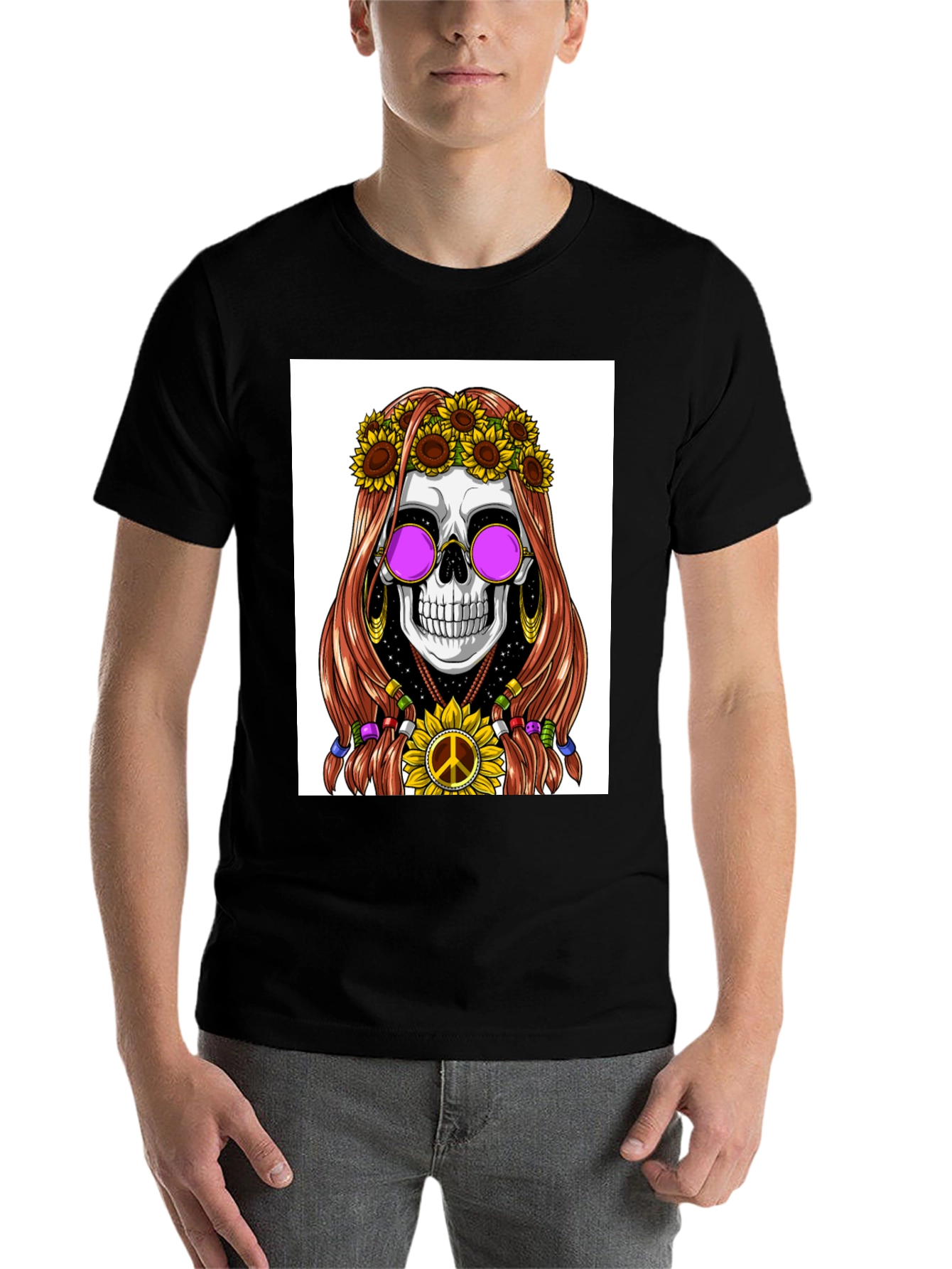 Black Hippie Skull Graphic T-Shirt view 7