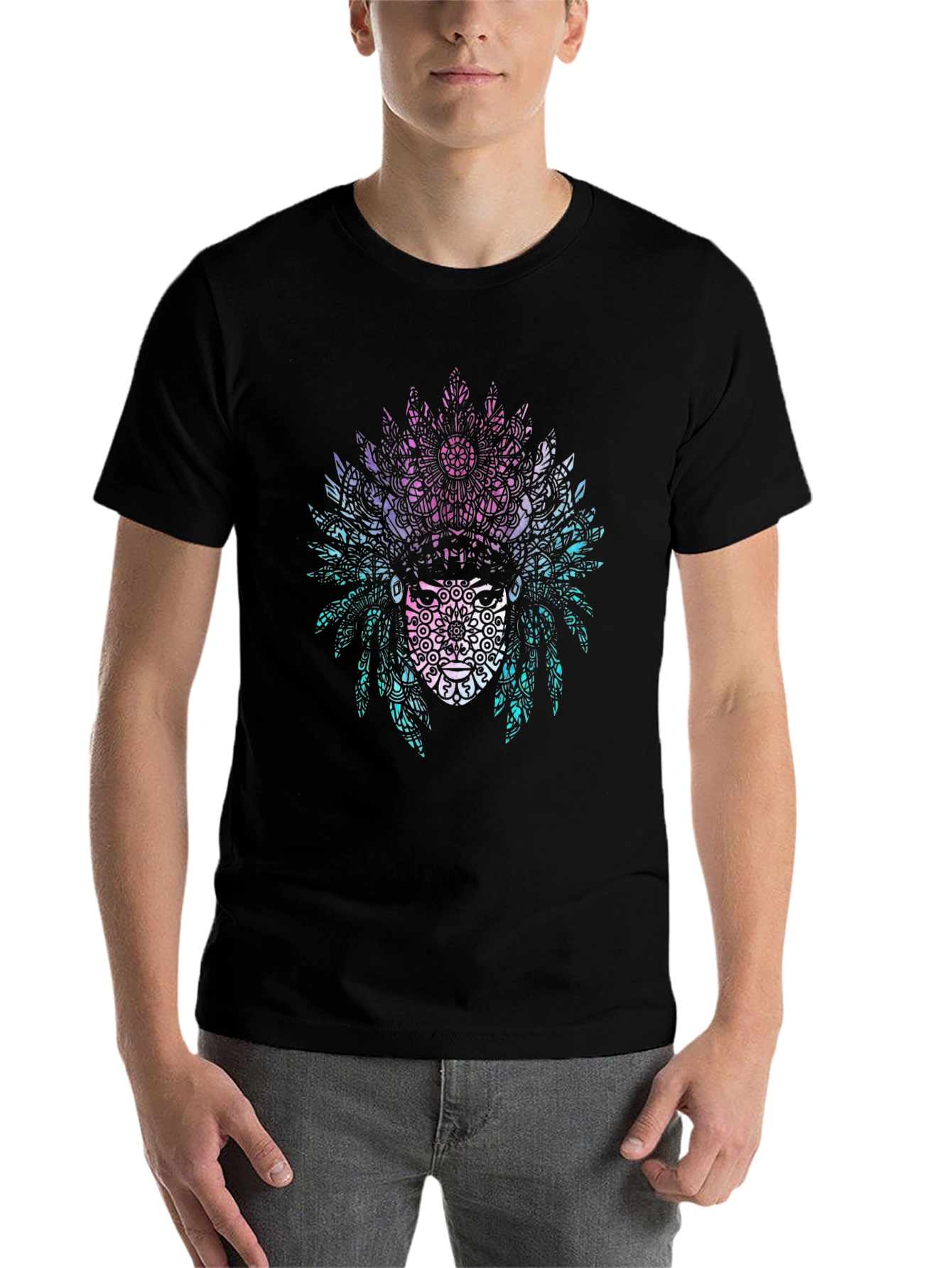 Black Tribal Mandala Headdress Graphic Tee - Black view 7