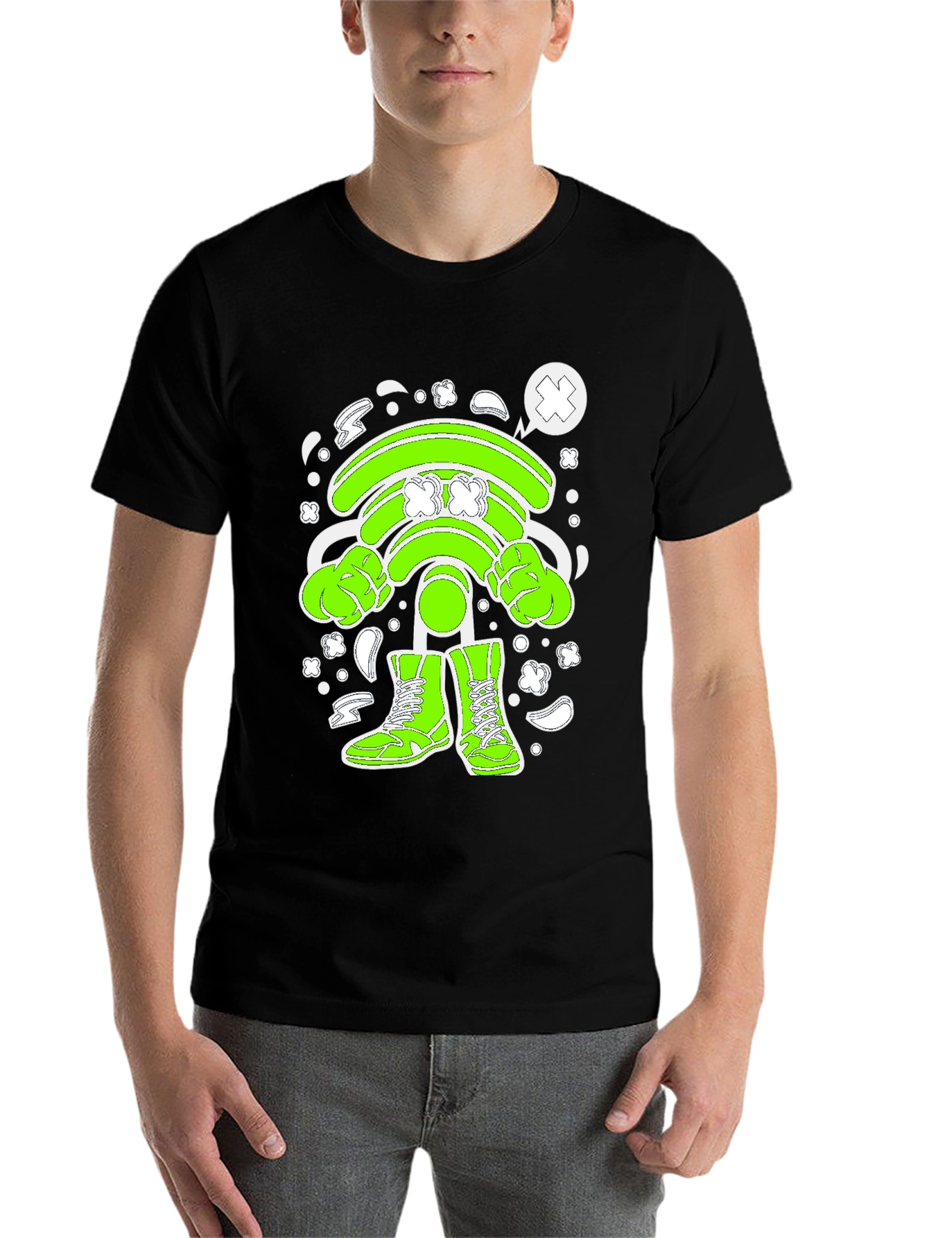 Black Funny Wifi Cartoon Graphic T-Shirt view 7