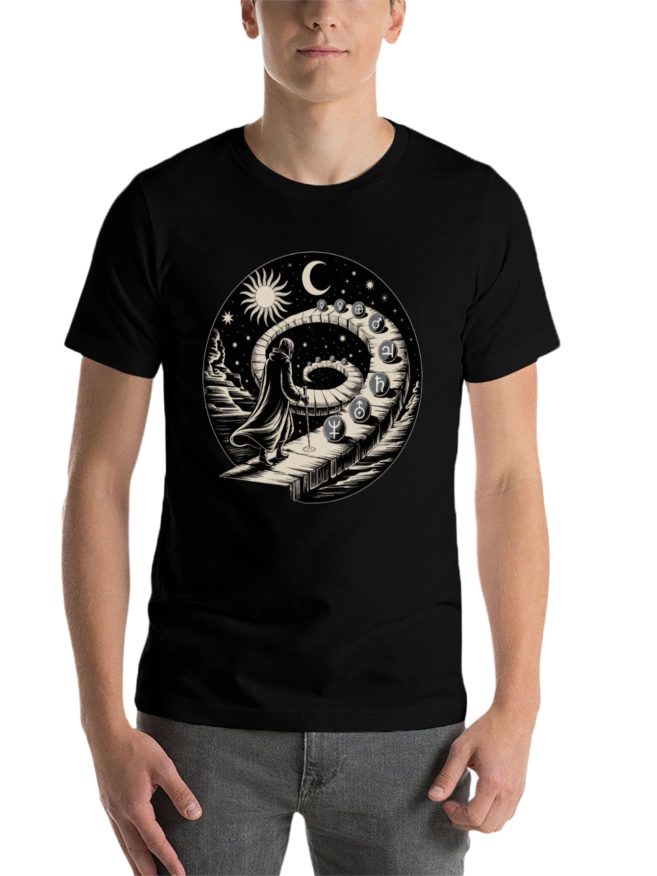 Black Astrological Path T-Shirt - Spiritual Journey Design view 7