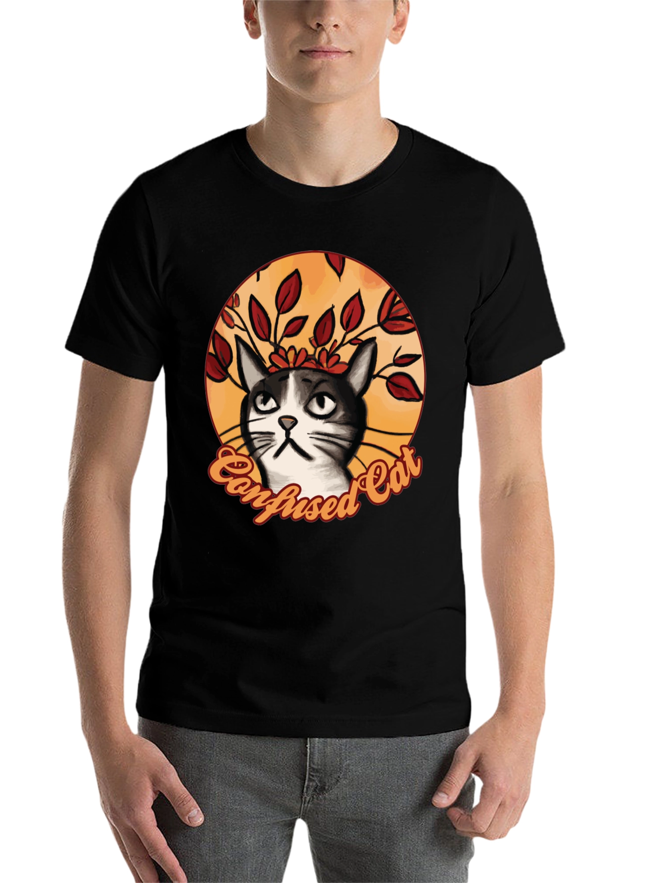 Black Confused Cat Graphic T-Shirt - Funny Cat Lover Tee view 7