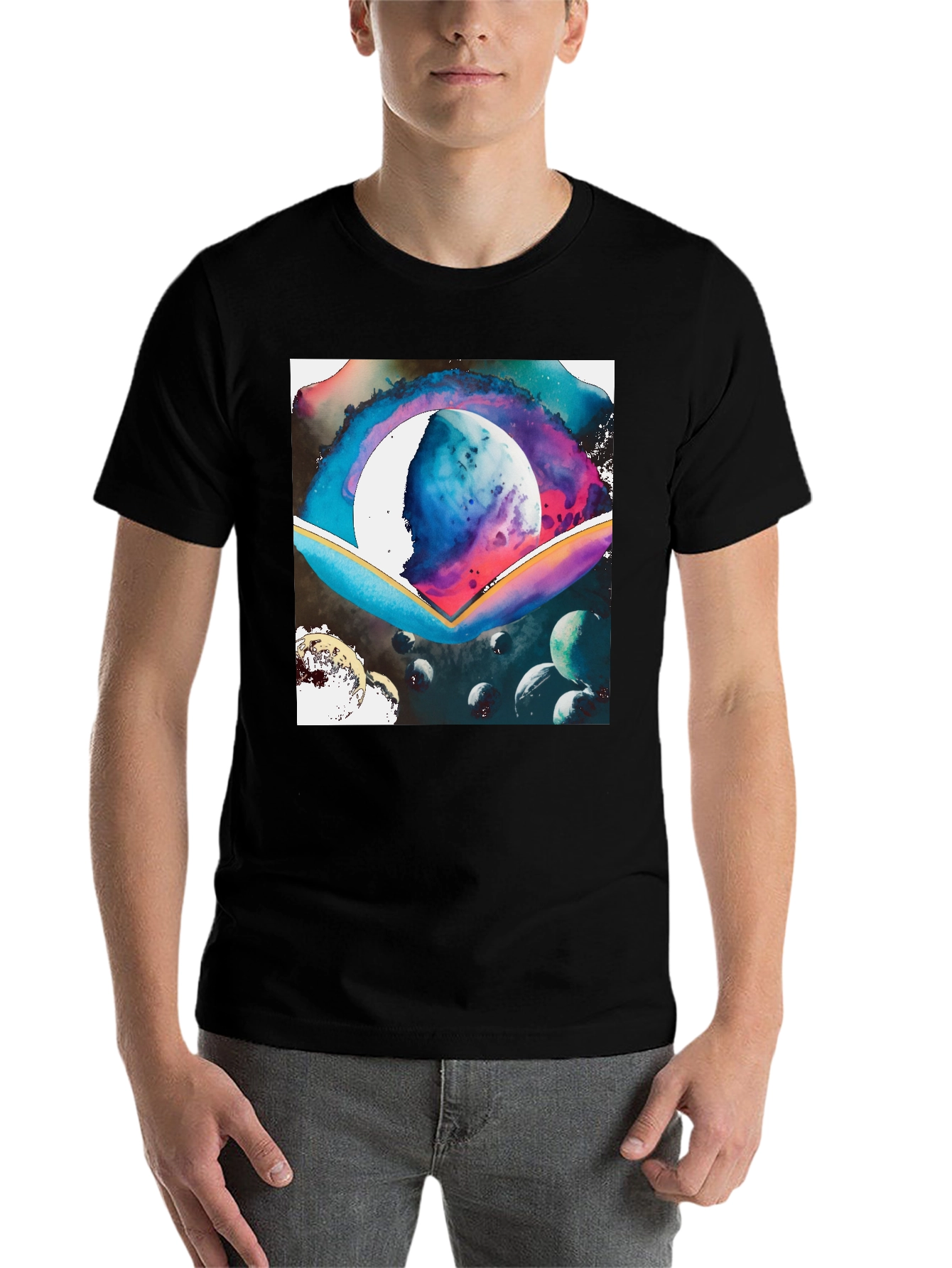Black Galaxy Watercolor Graphic Tee - Black Cotton Blend view 7