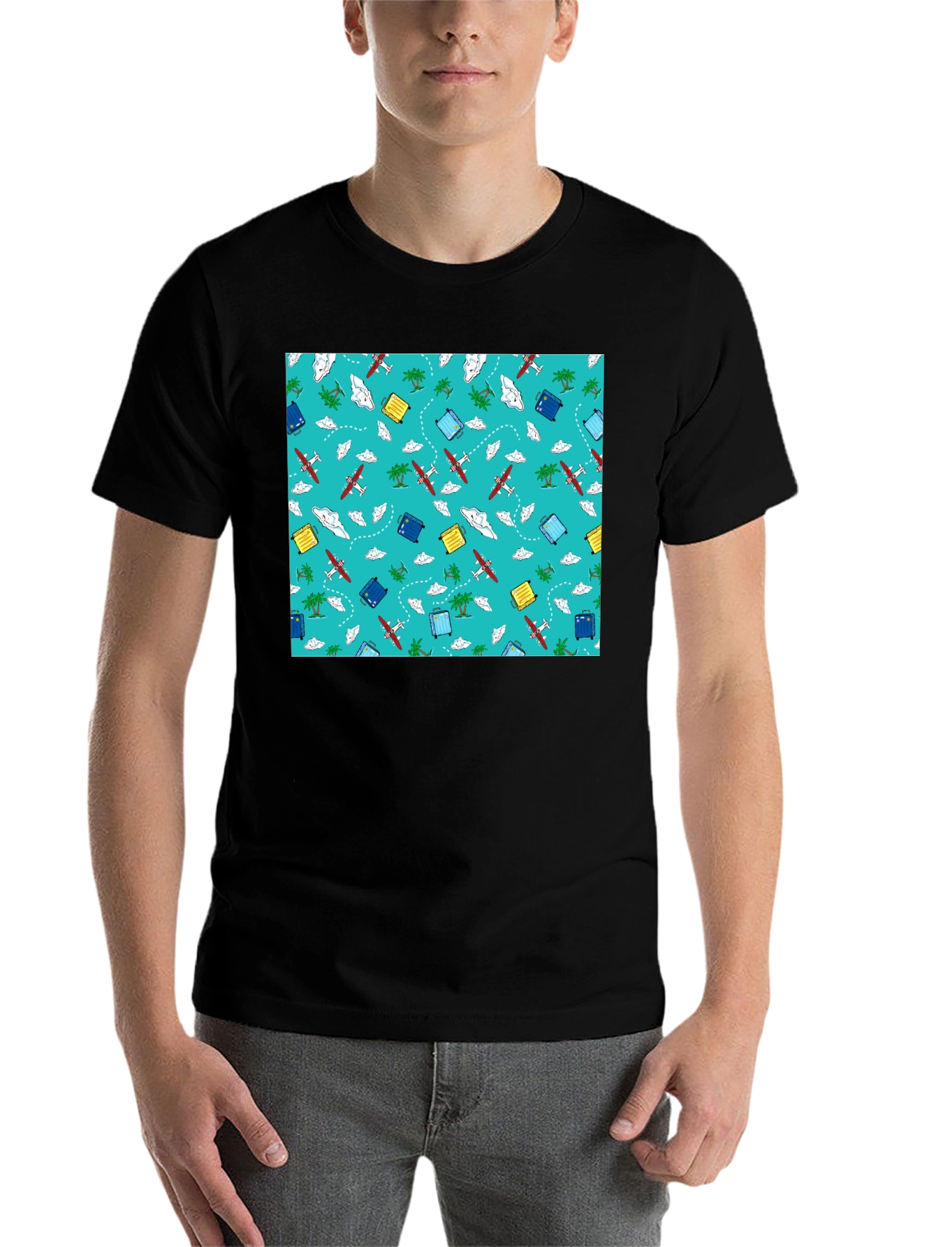 Black Travel Pattern Black T-Shirt view 7