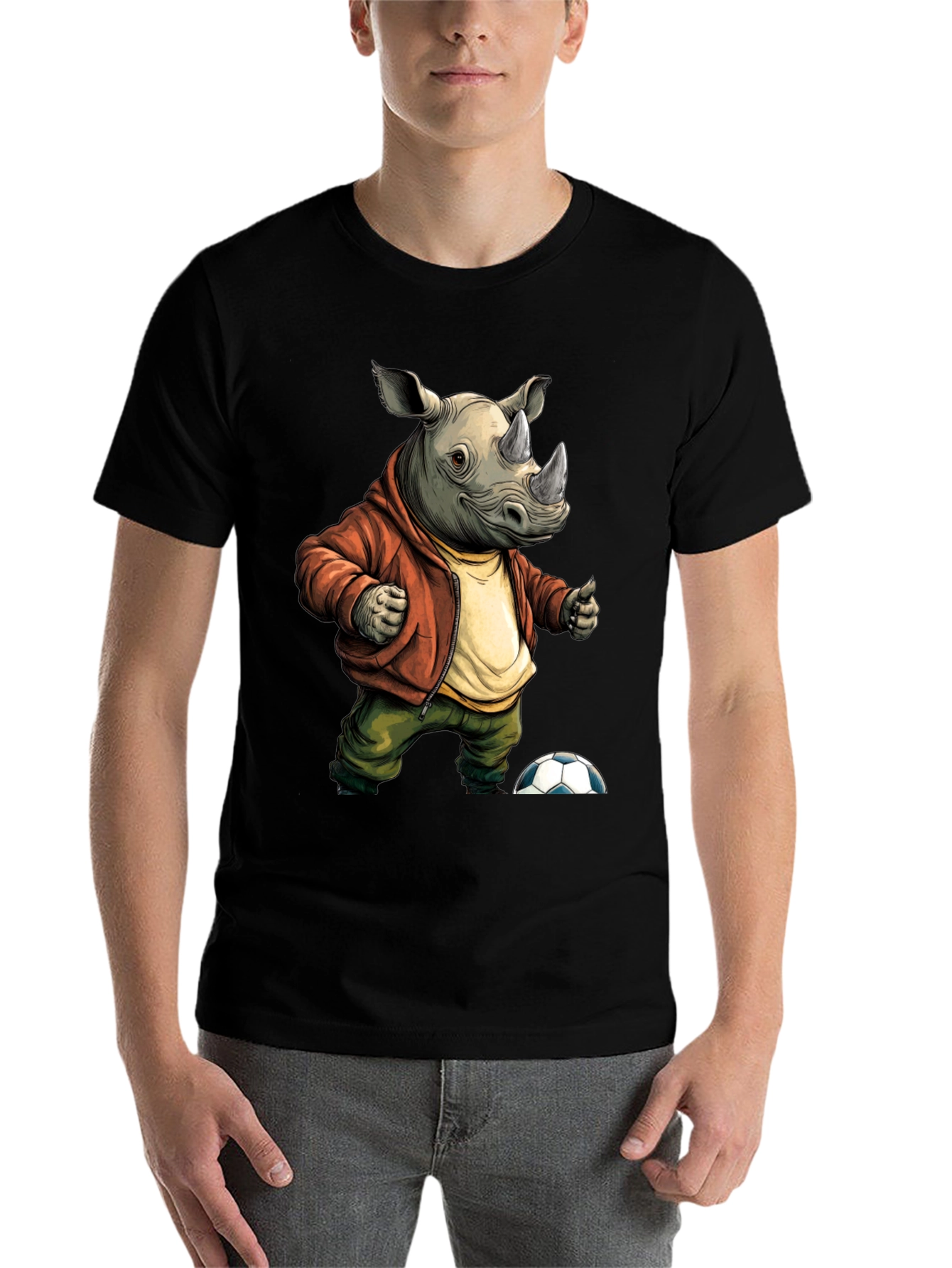 Black Rhino Soccer T-Shirt: Unique Cartoon Graphic Tee view 7