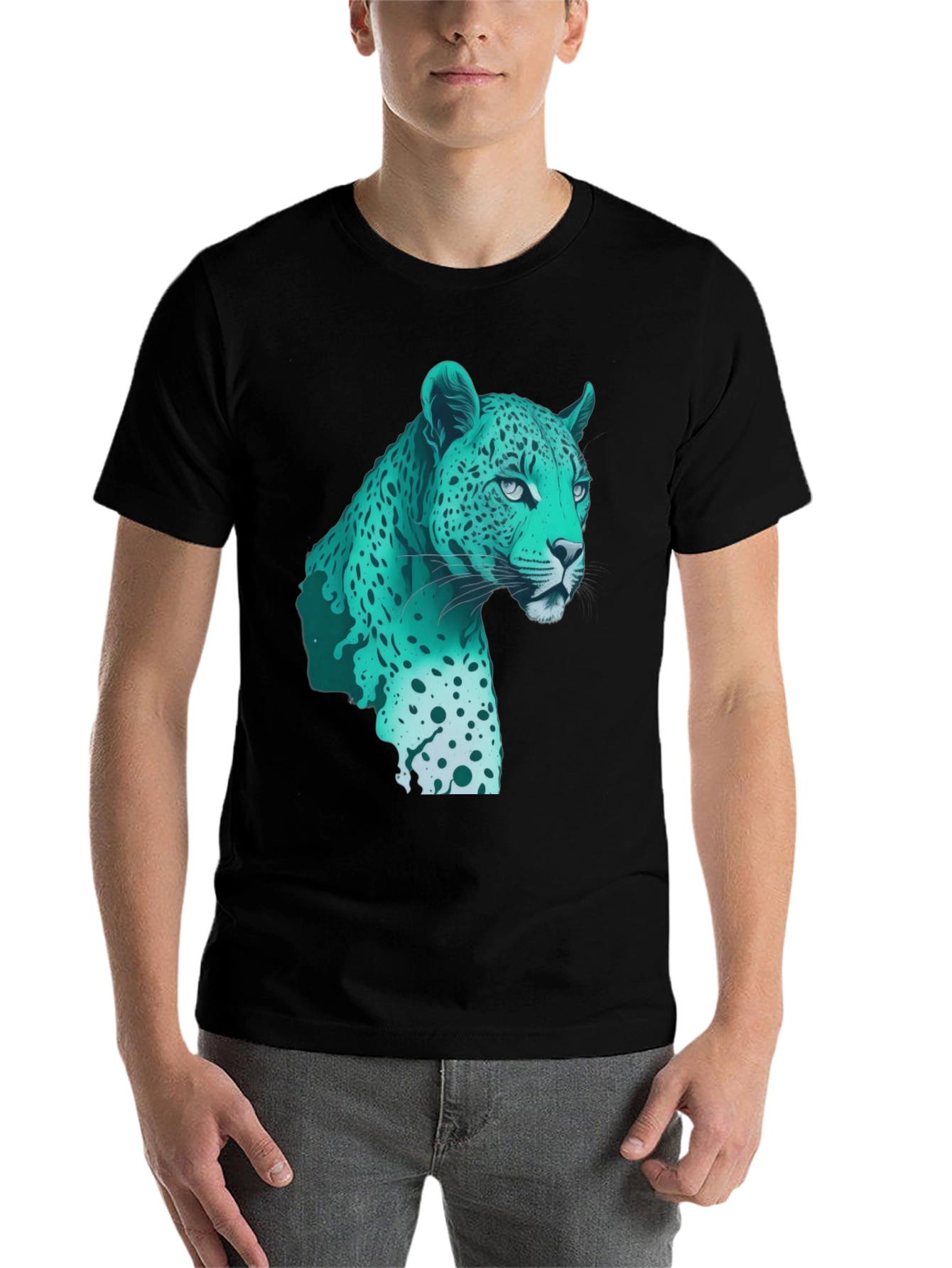 Black Cool Teal Jaguar Graphic Print Black T-Shirt view 7