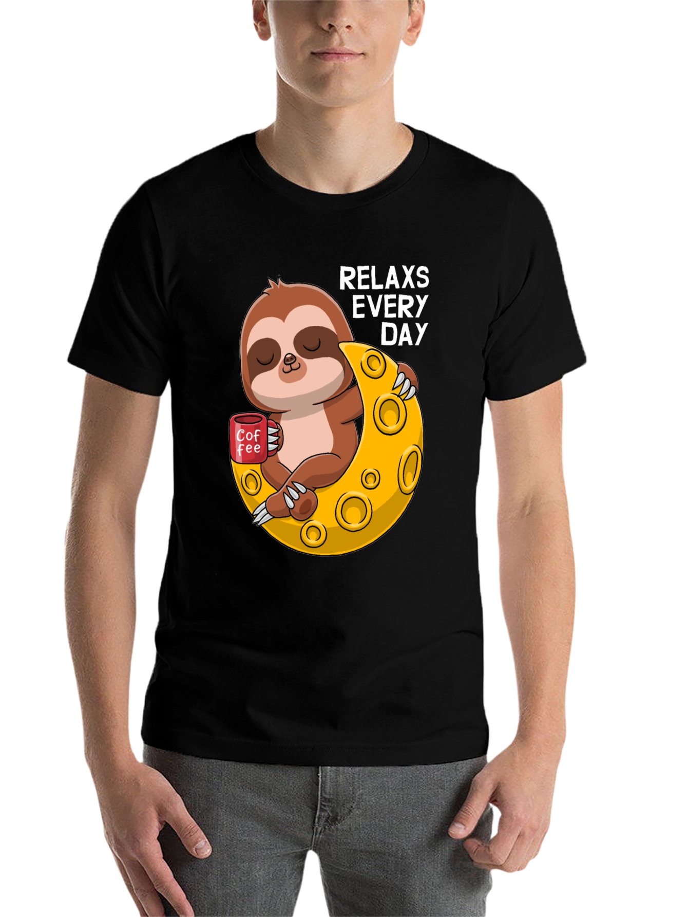 Black Relax Sloth on Moon T-Shirt view 7