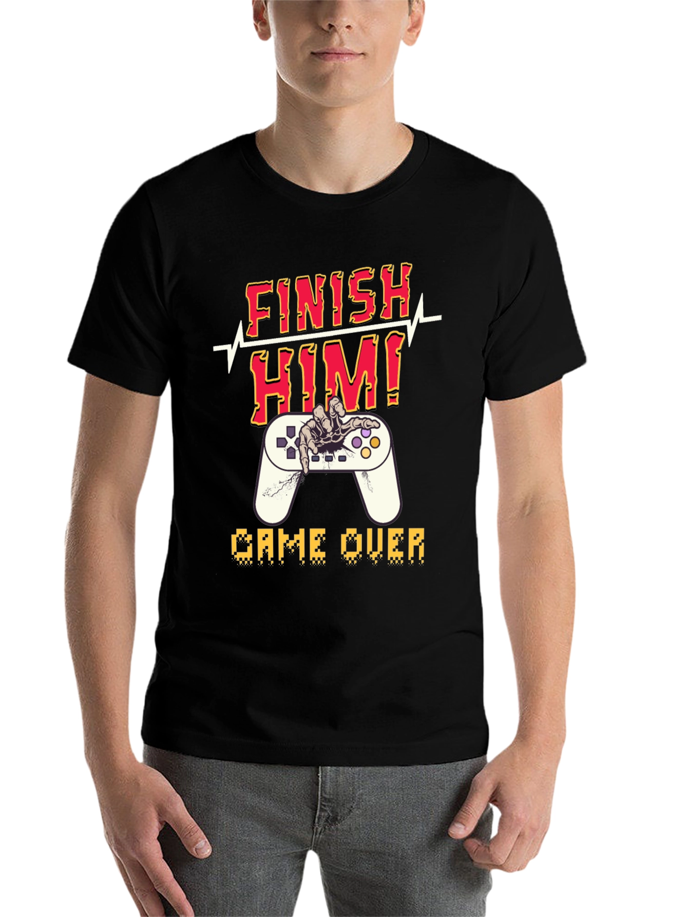 Black Finish Him! Game Over Graphic T-Shirt view 7