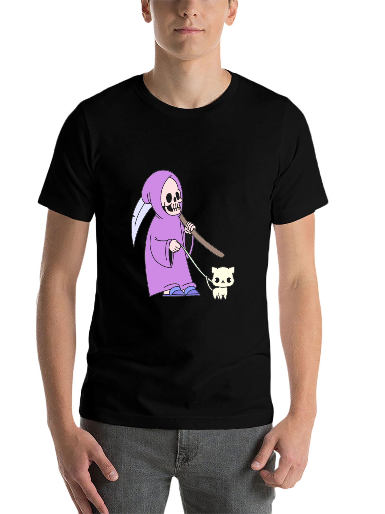 Black Grim Reaper Cat Walk T-Shirt - Funny Graphic Tee view 7