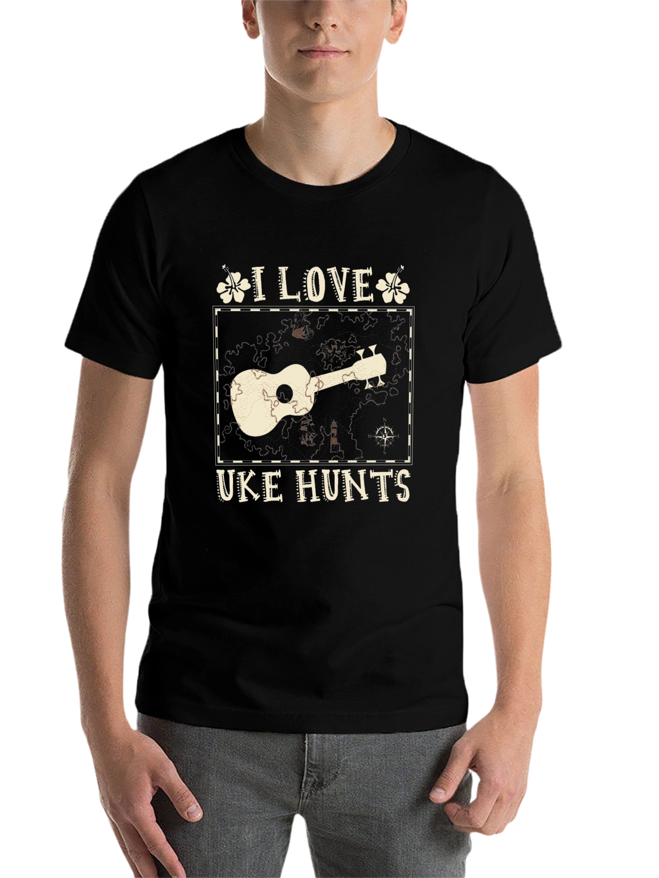 Black I Love Uke Hunts Graphic T-Shirt - Novelty Ukulele Tee view 7