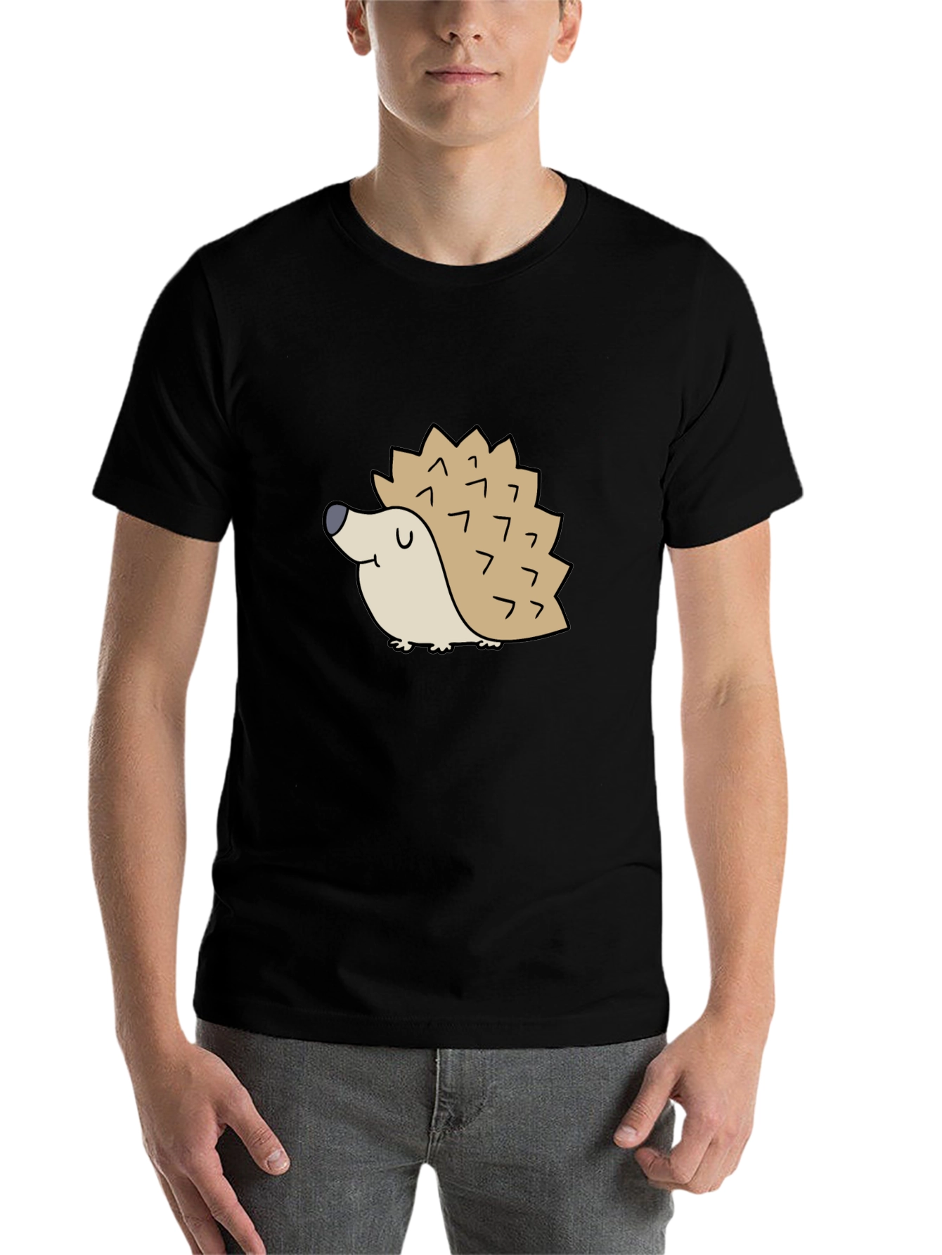Black Cute Hedgehog Graphic Tee - Black Cotton T-Shirt view 7