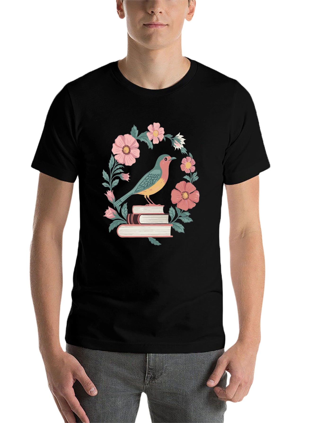Black Bird on Books Floral T-Shirt view 7