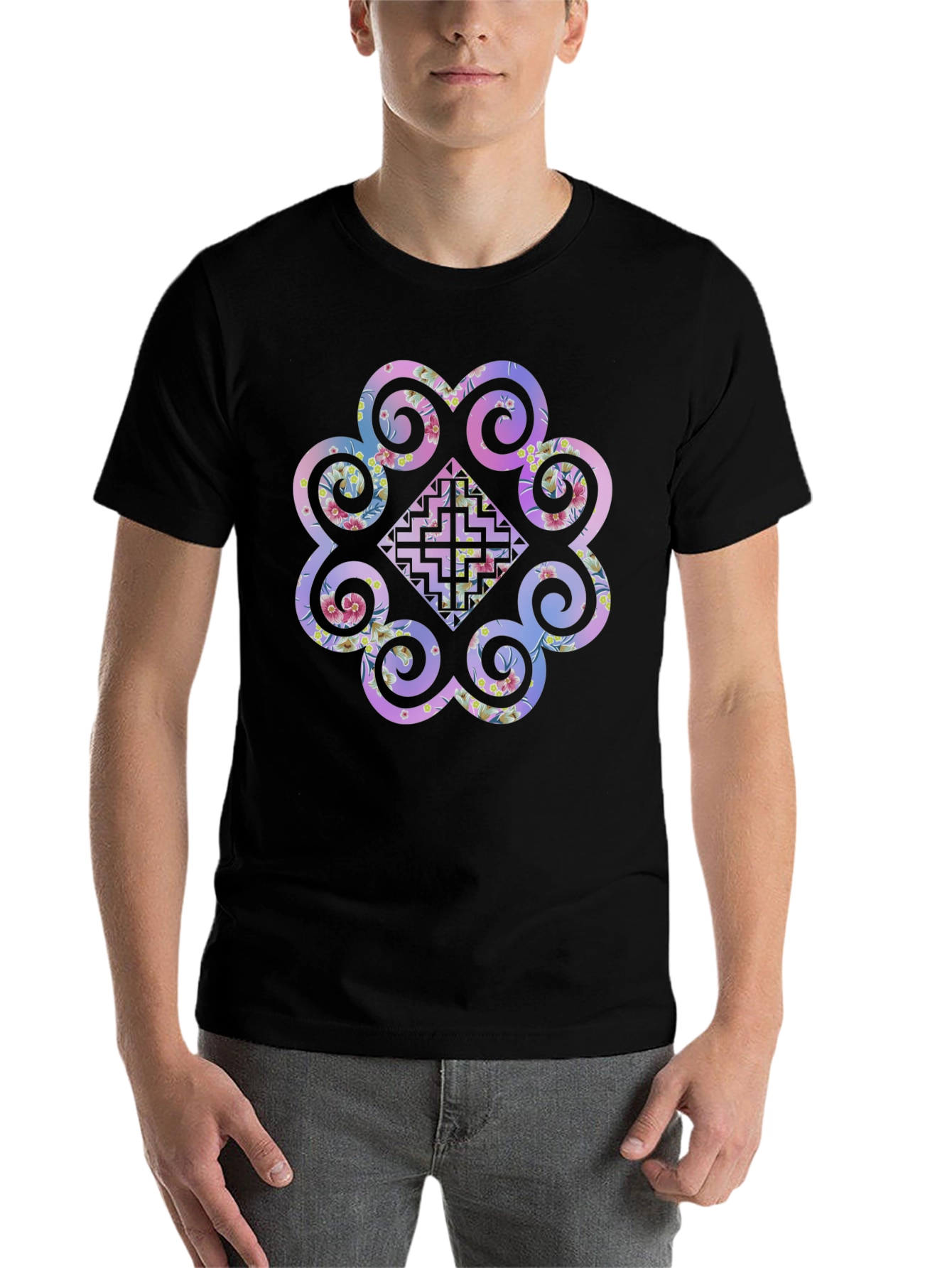 Black Floral Hmong Inspired Graphic Tee - Black Cotton Blend view 7