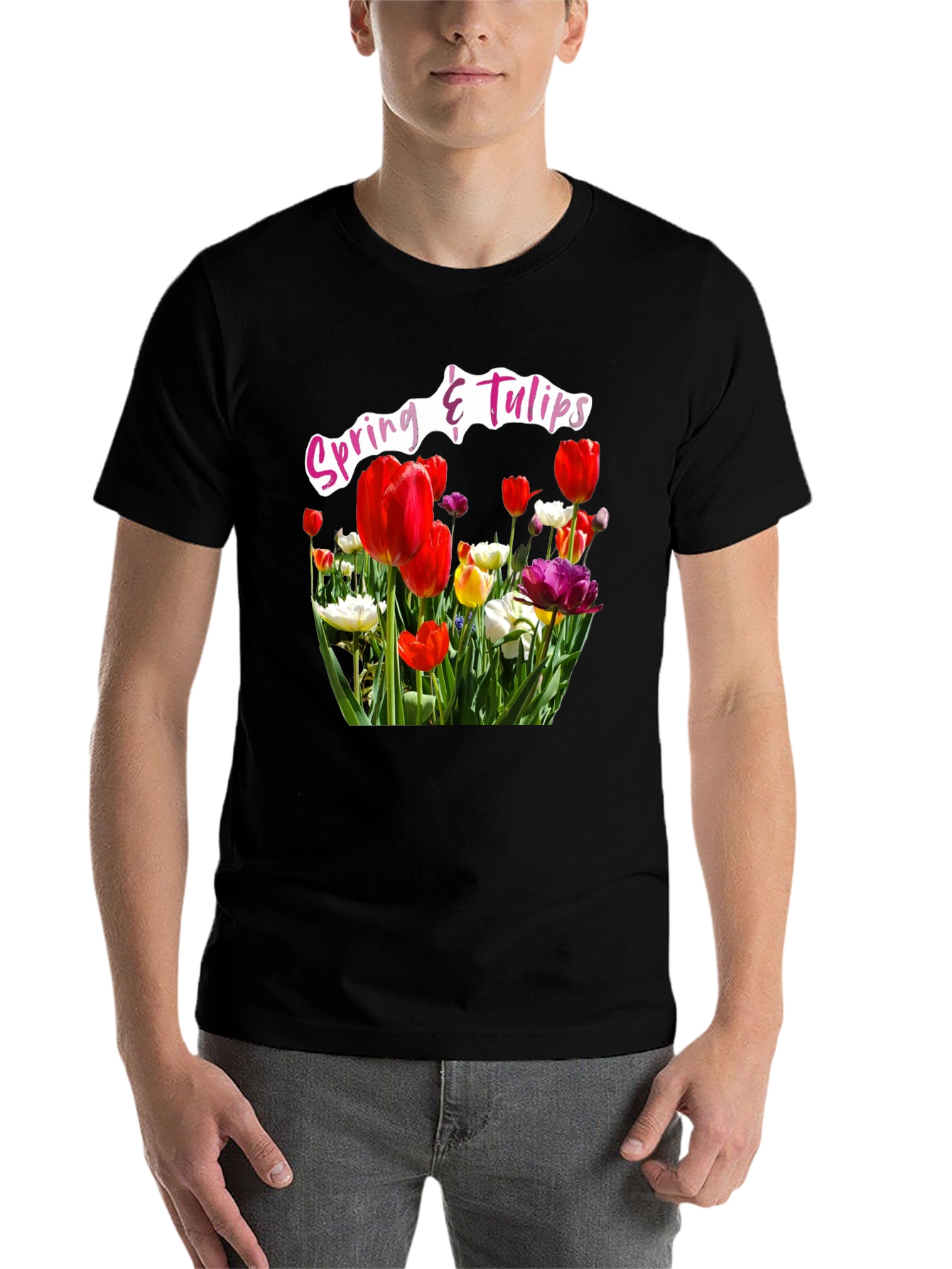 Black Spring & Tulips Black T-Shirt view 7