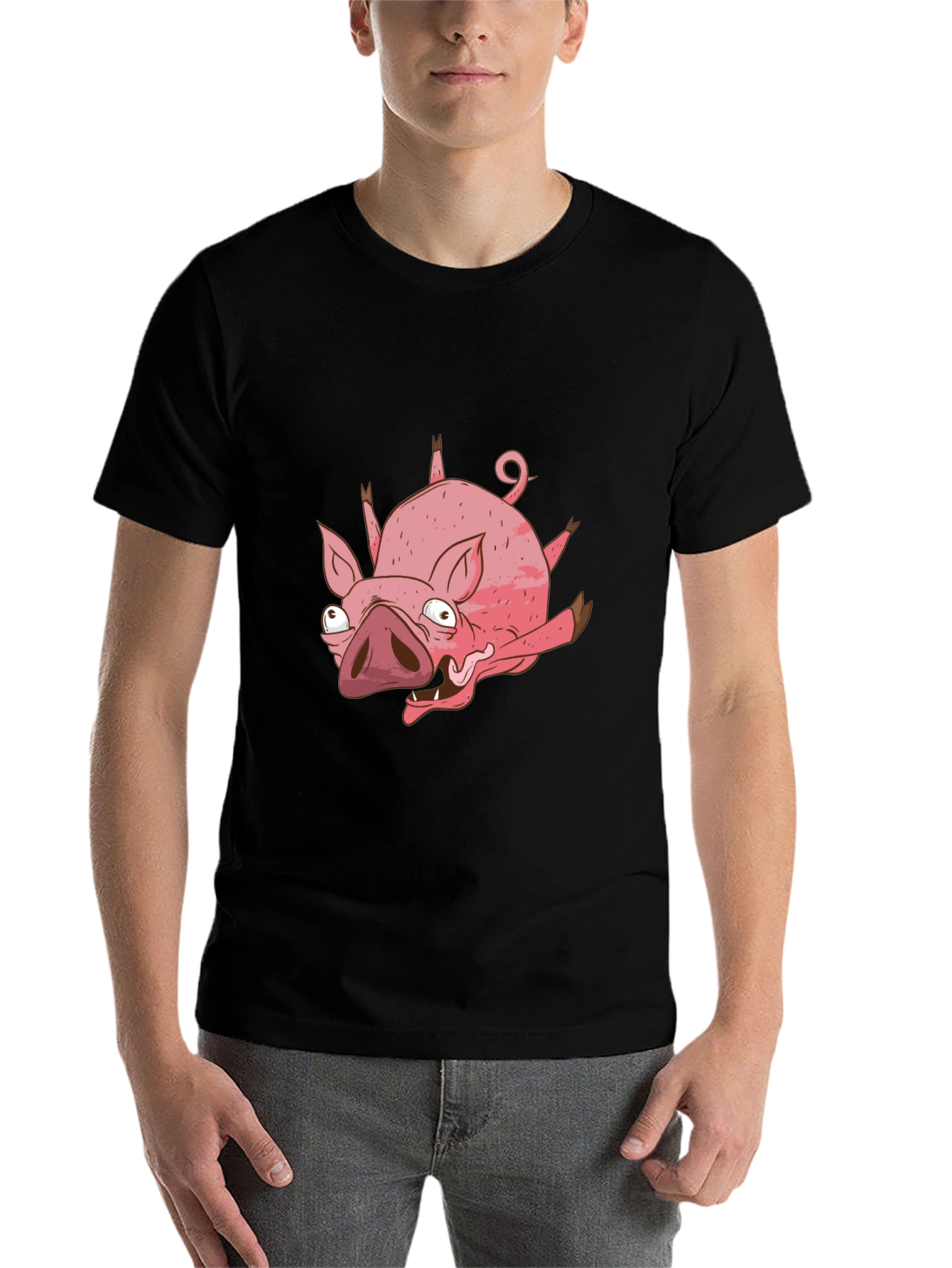 Black Funny Cartoon Pig Black T-Shirt view 7