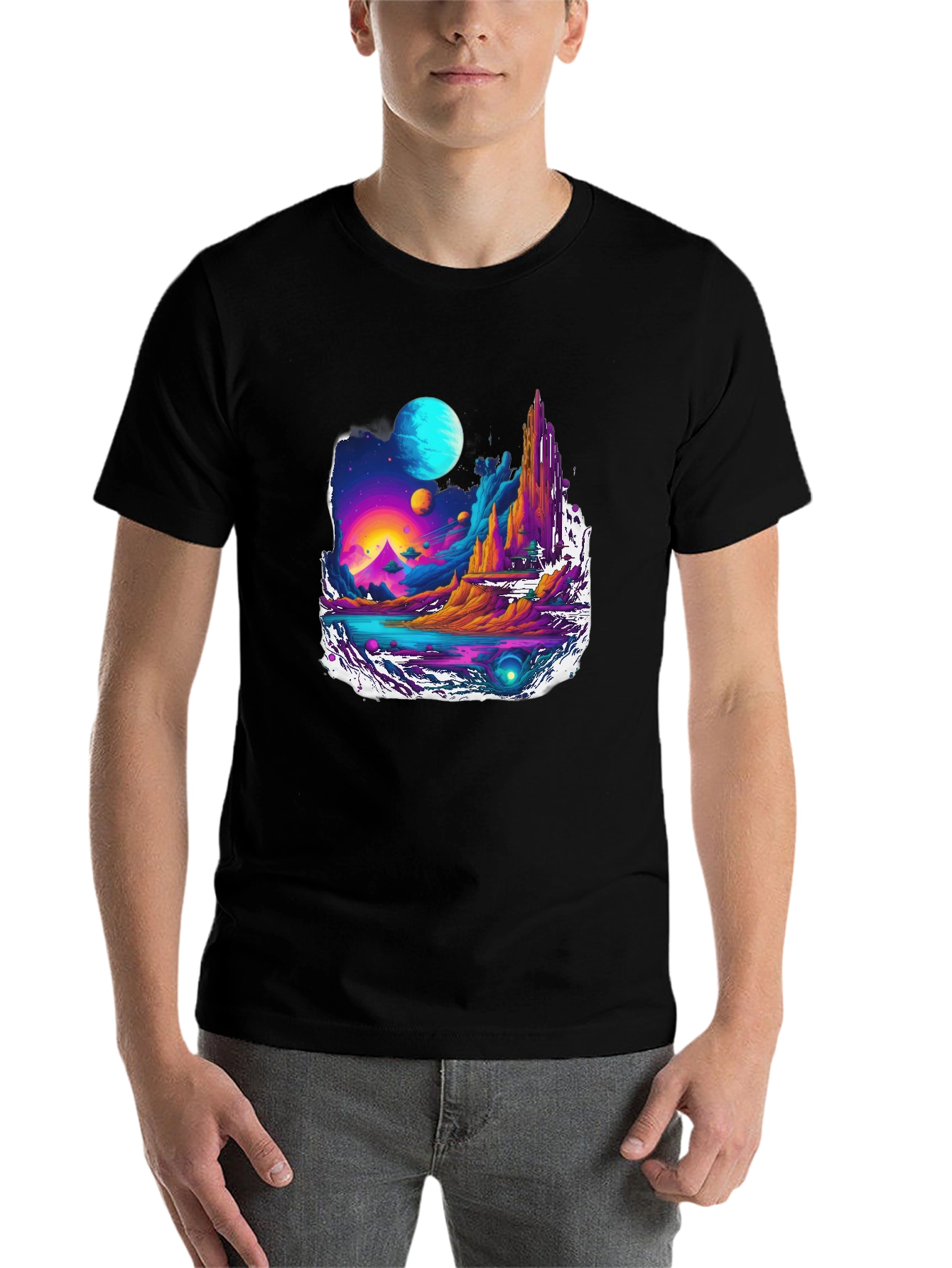 Black Vibrant Sci-Fi Landscape Graphic Tee view 7