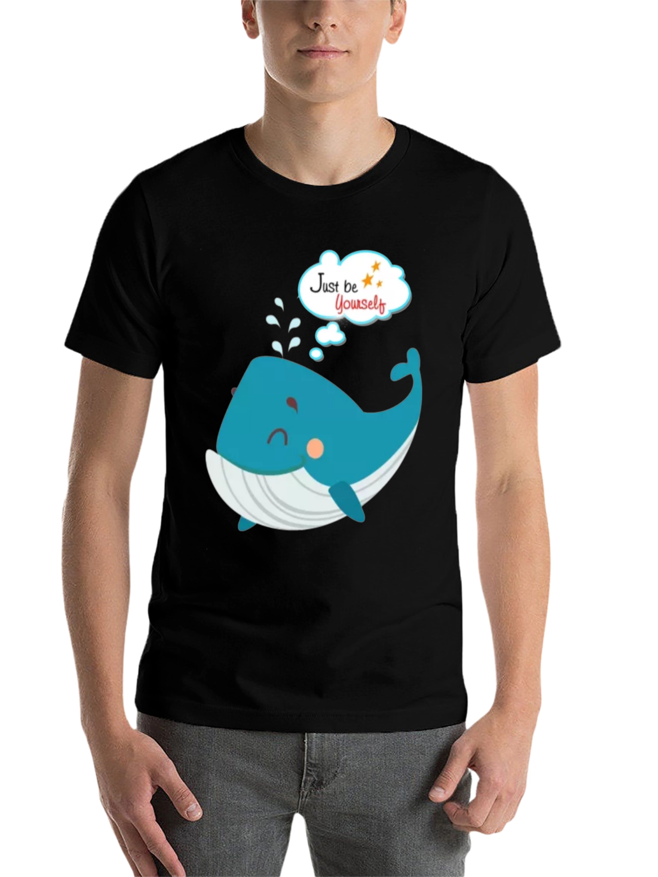Black Cartoon Whale 'Just Be Yourself' Black Graphic T-Shirt view 7