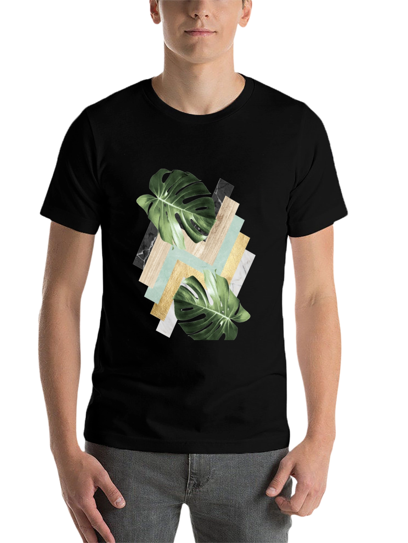 Black Tropical Leaf Geometric Print T-Shirt view 7