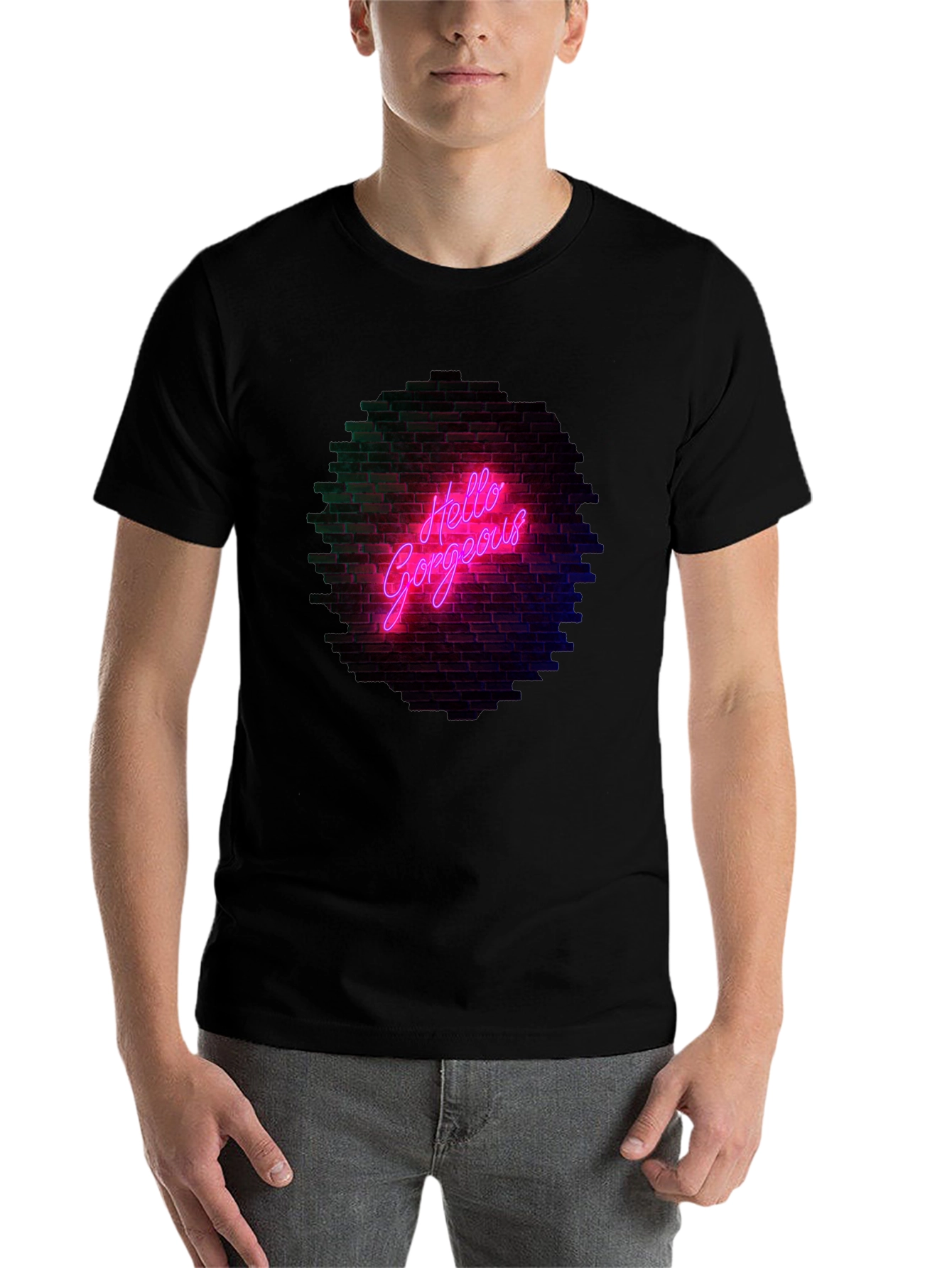 Black Hello Gorgeous Graphic Tee - Neon Brick Wall Design view 7