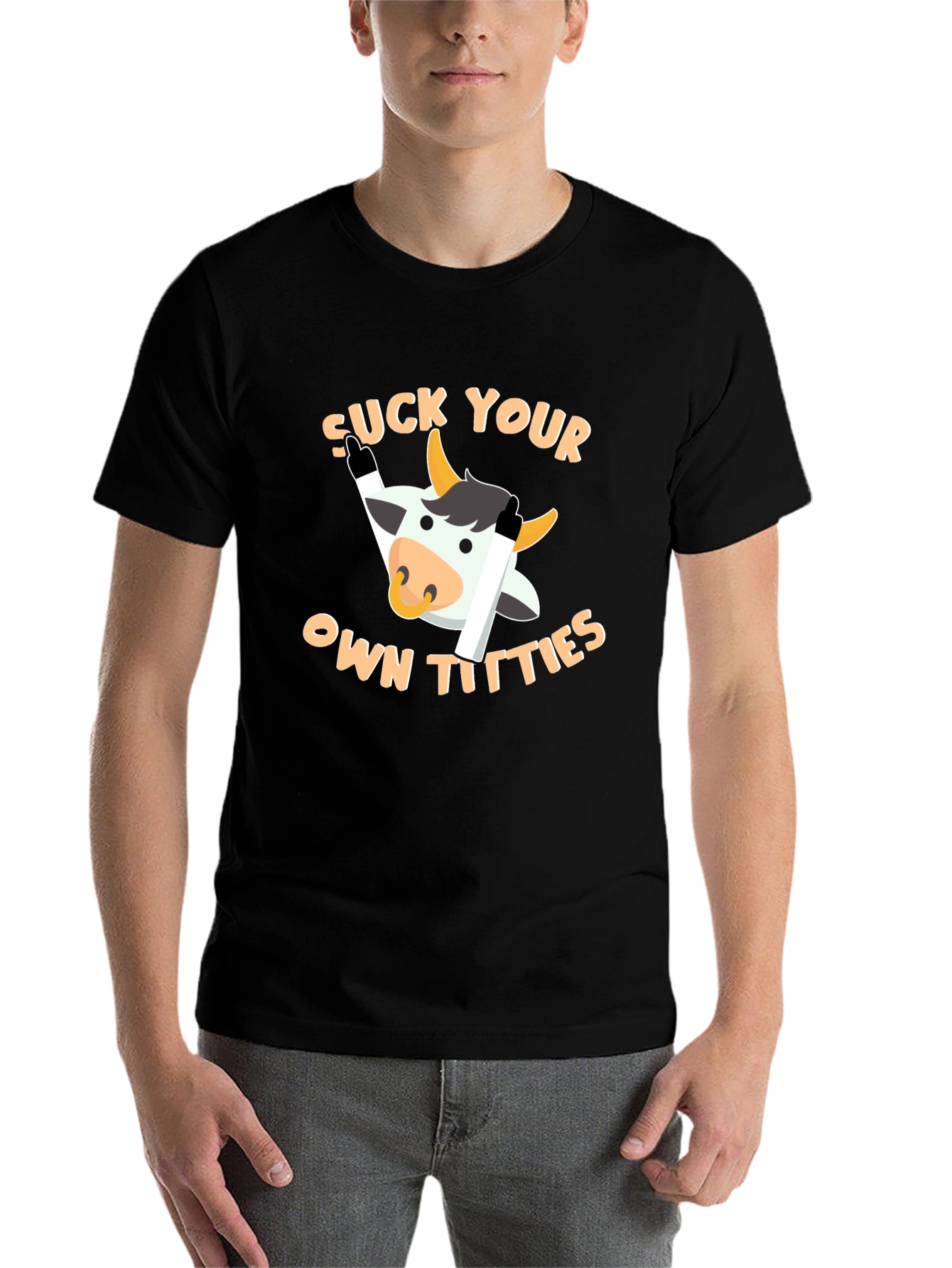 Black Funny Cow Graphic T-Shirt - "Suck Your Own Titties" view 7