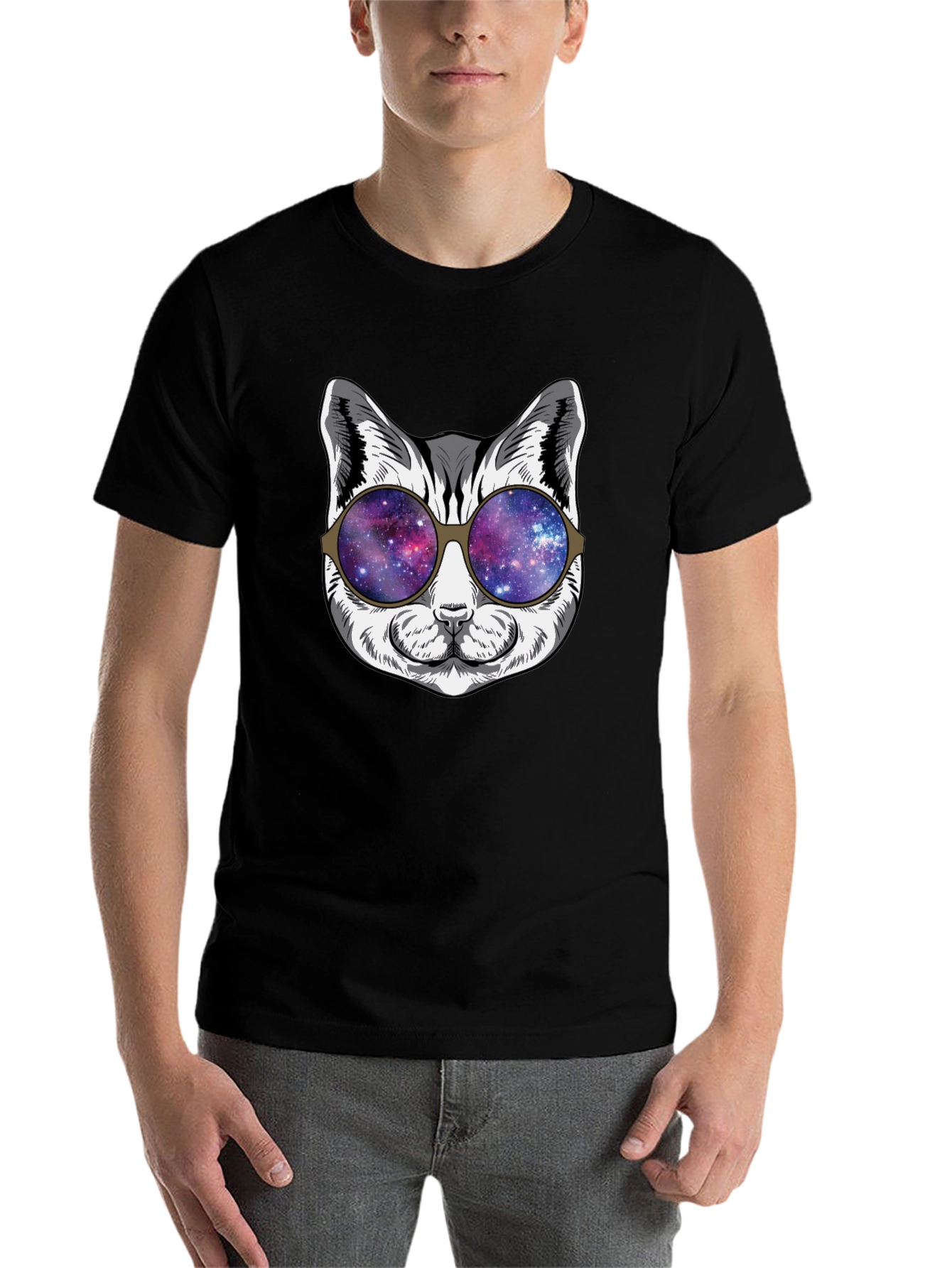 Black Cool Cat Galaxy Sunglasses Black T-Shirt view 7