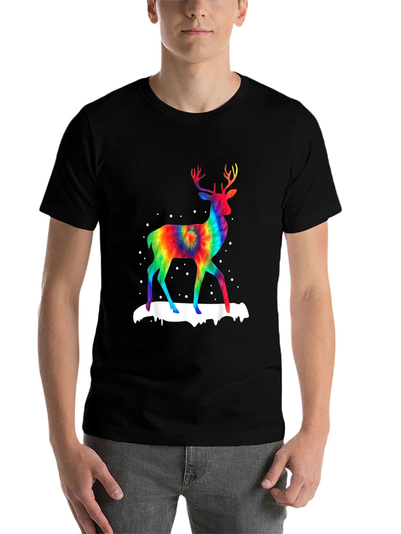 Black Rainbow Tie-Dye Deer Graphic T-Shirt view 7