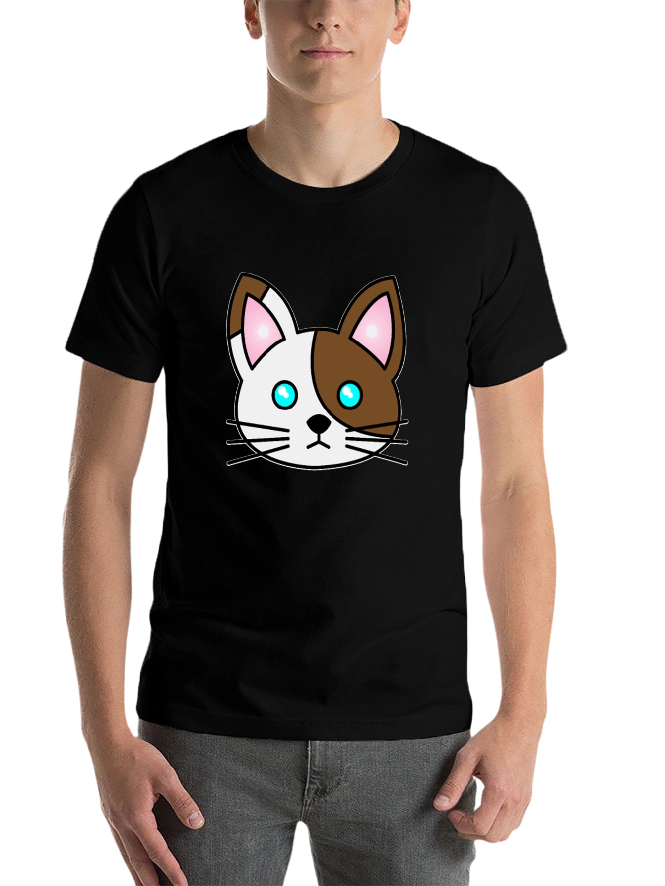 Cartoon Cat Face Graphic T-Shirt - Unisex Black Tee - 7