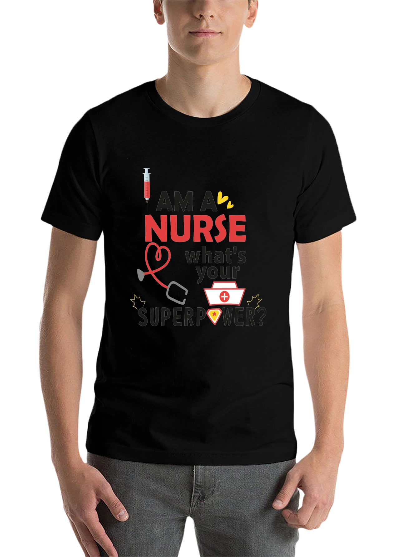 Black Nurse Superpower T-Shirt - Black, Novelty Graphic Tee view 7