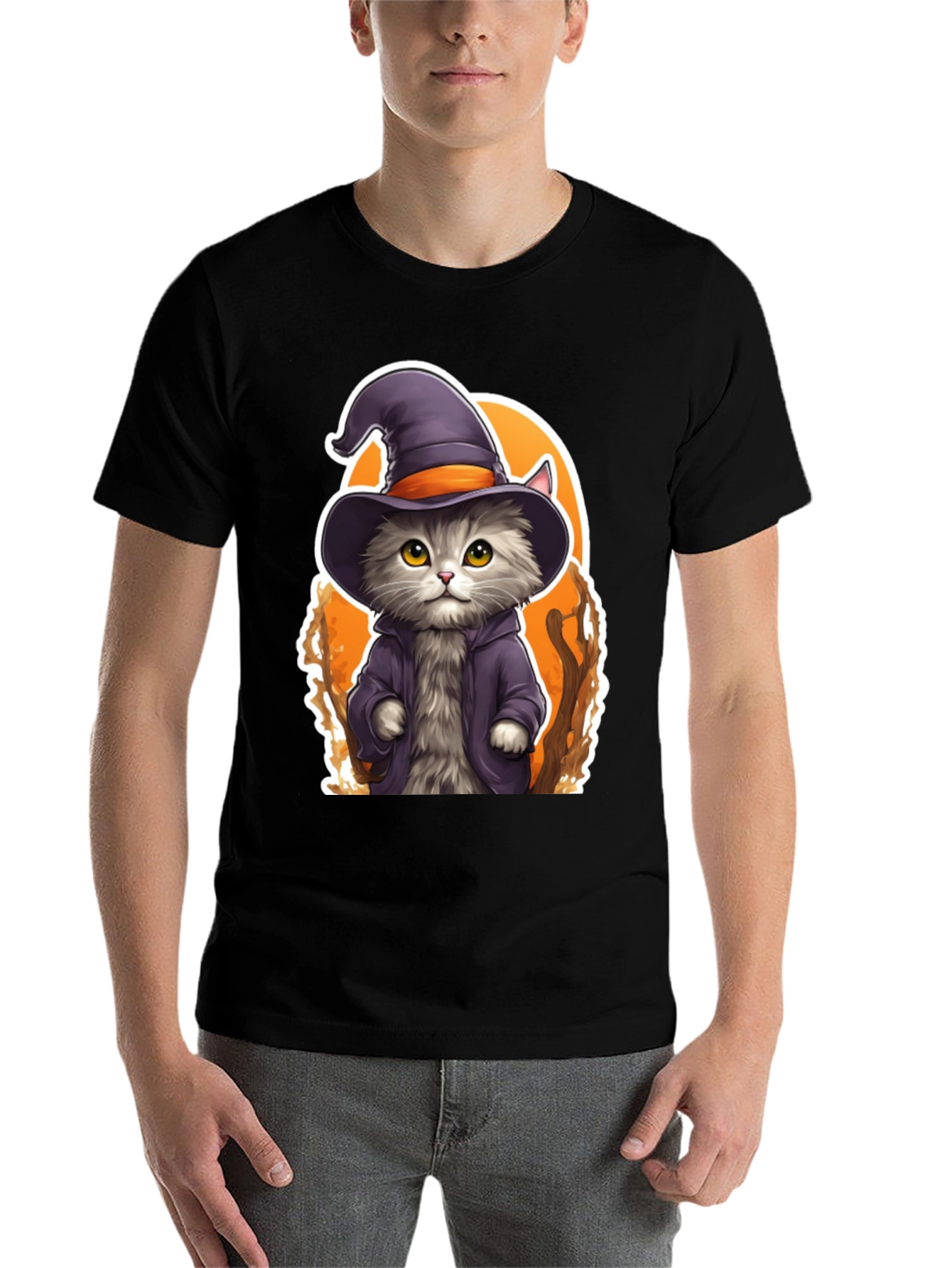 Black Wizard Cat Graphic Tee - Spooky Season Shirt view 7