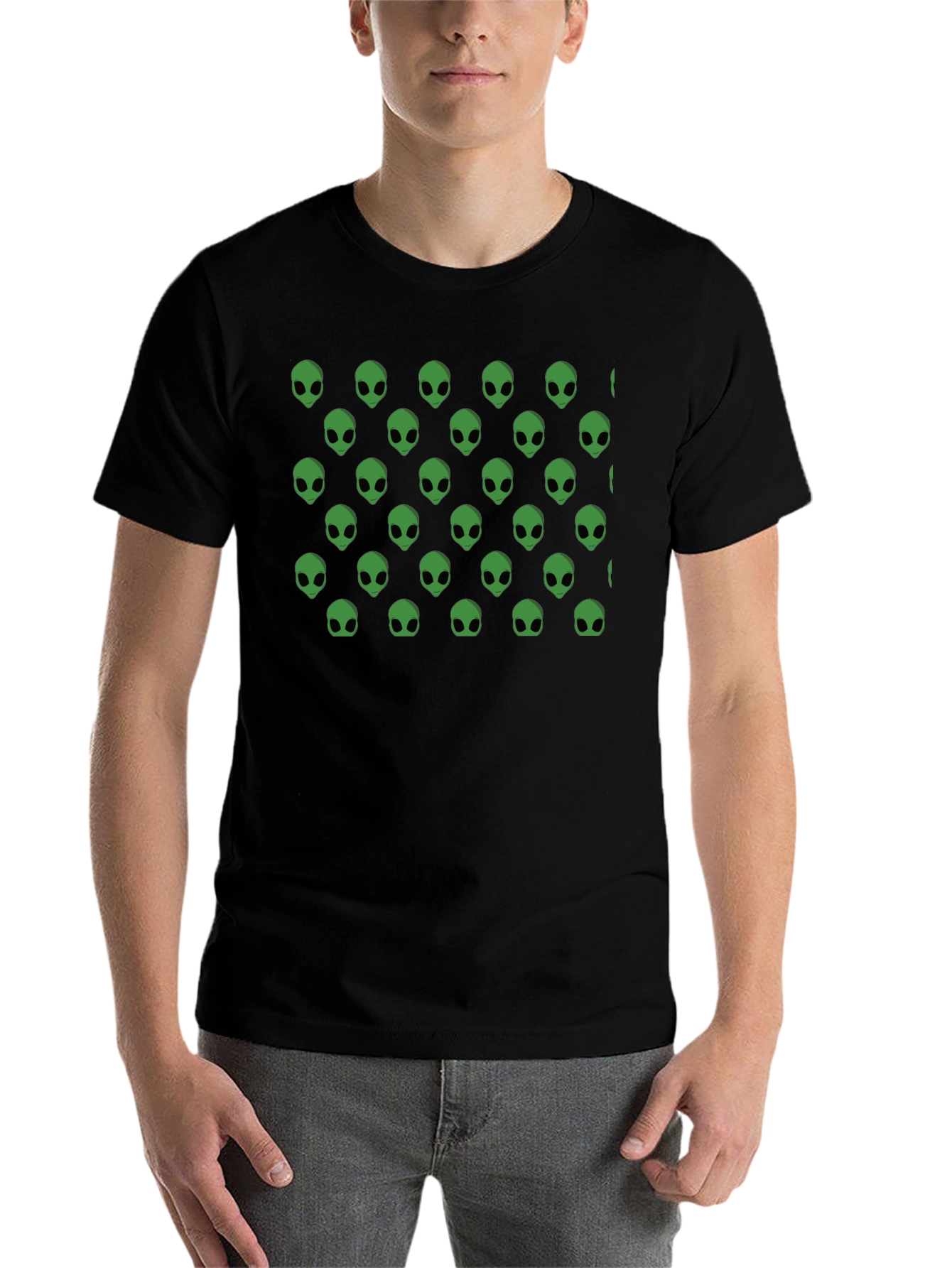 Black Alien Head Pattern Black T-Shirt view 7