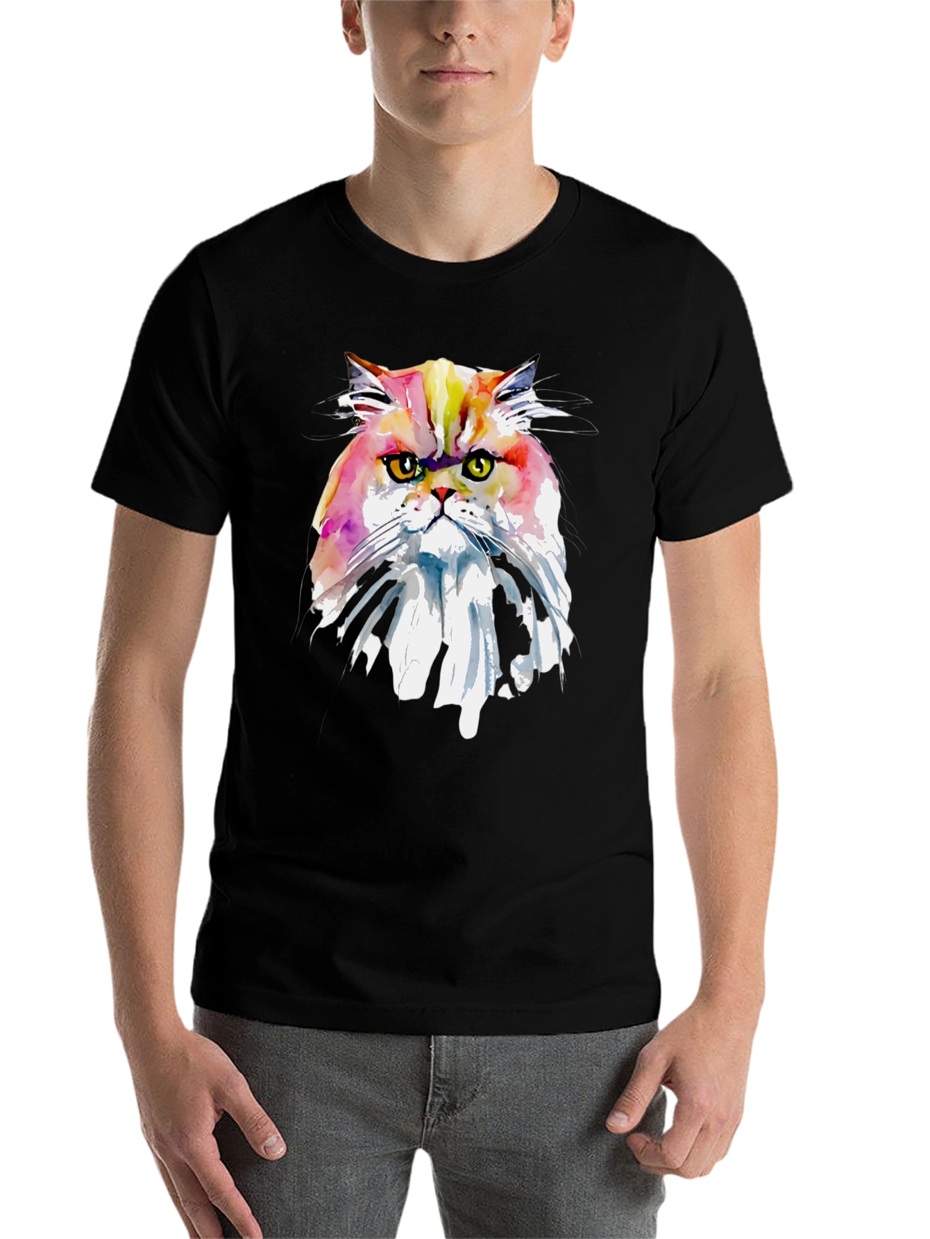 Black Watercolor Cat Graphic Tee - Unique Art T-Shirt view 7