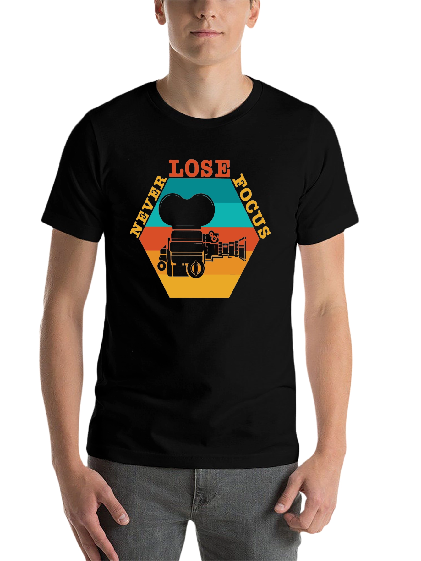 Black Never Lose Focus T-Shirt - Retro Camera Design view 7