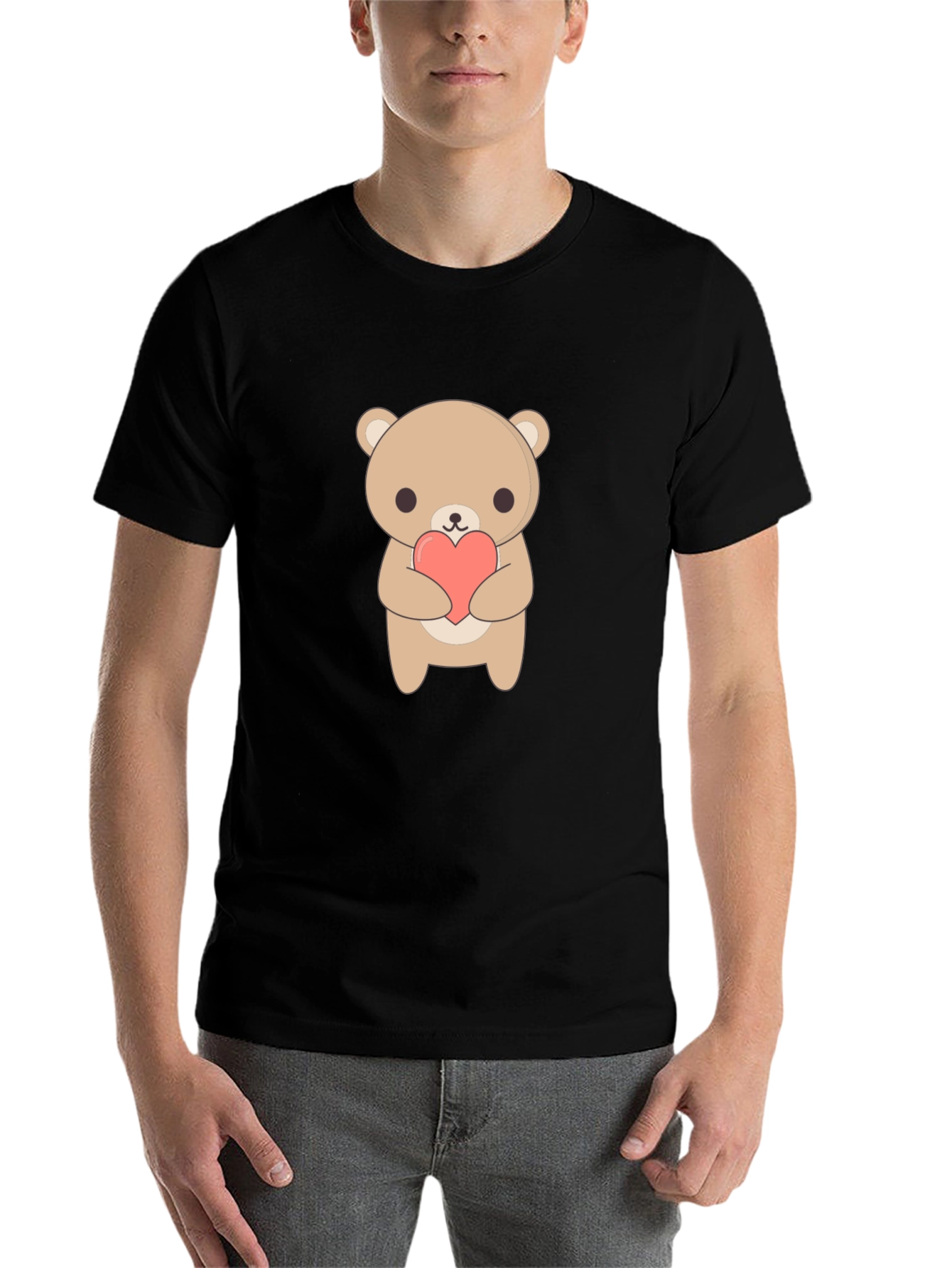 Black Cute Bear Holding Heart Black T-Shirt view 7