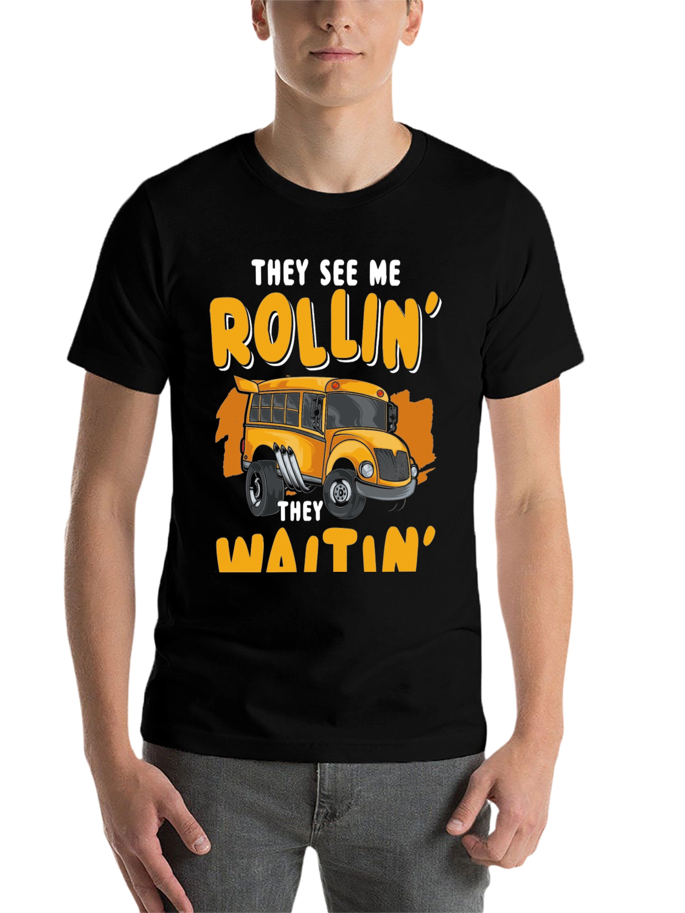 Black Rollin' School Bus T-Shirt - They See Me Waitin' view 7