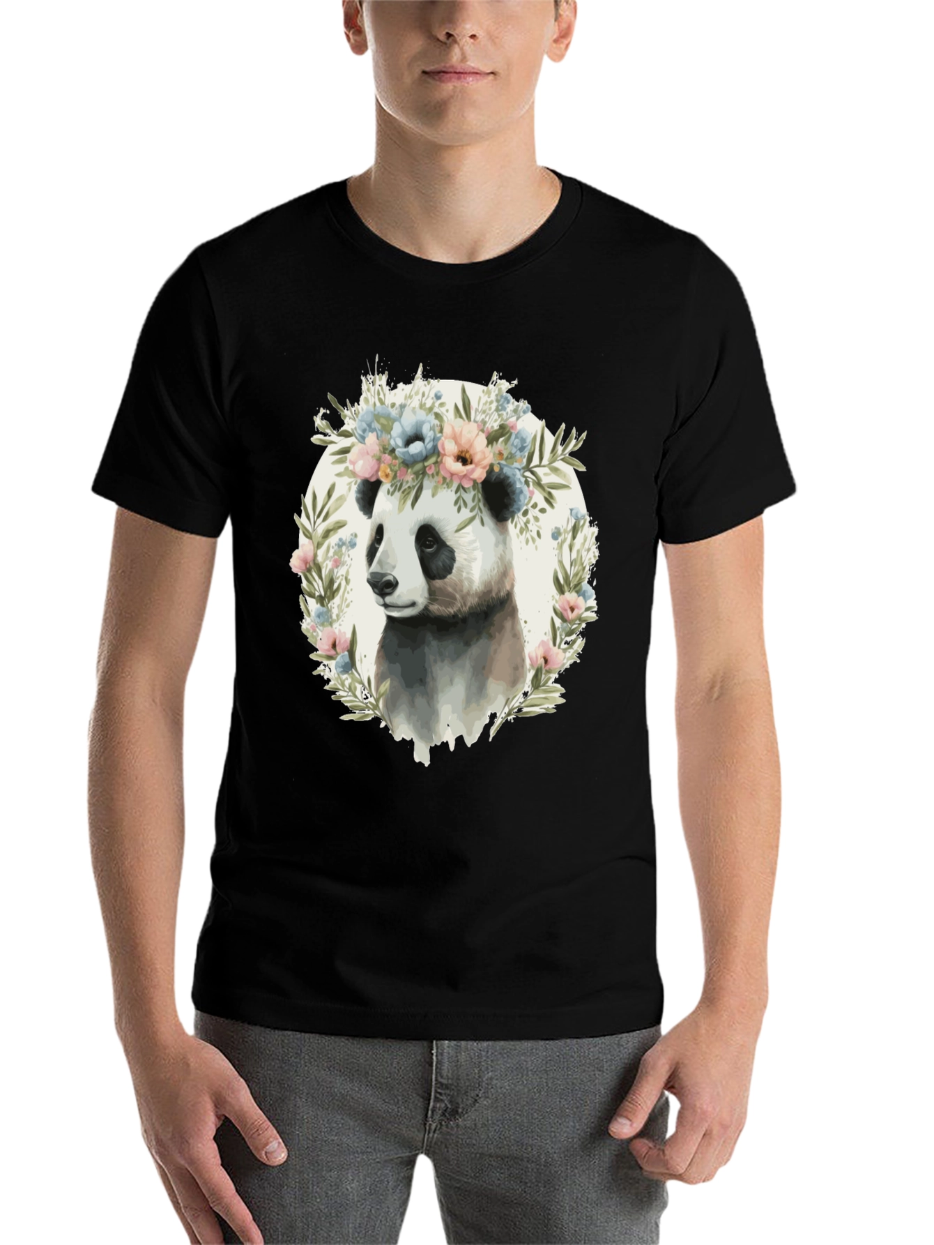 Black Panda Floral Wreath Graphic Tee - Unique Animal Lover Shirt view 7
