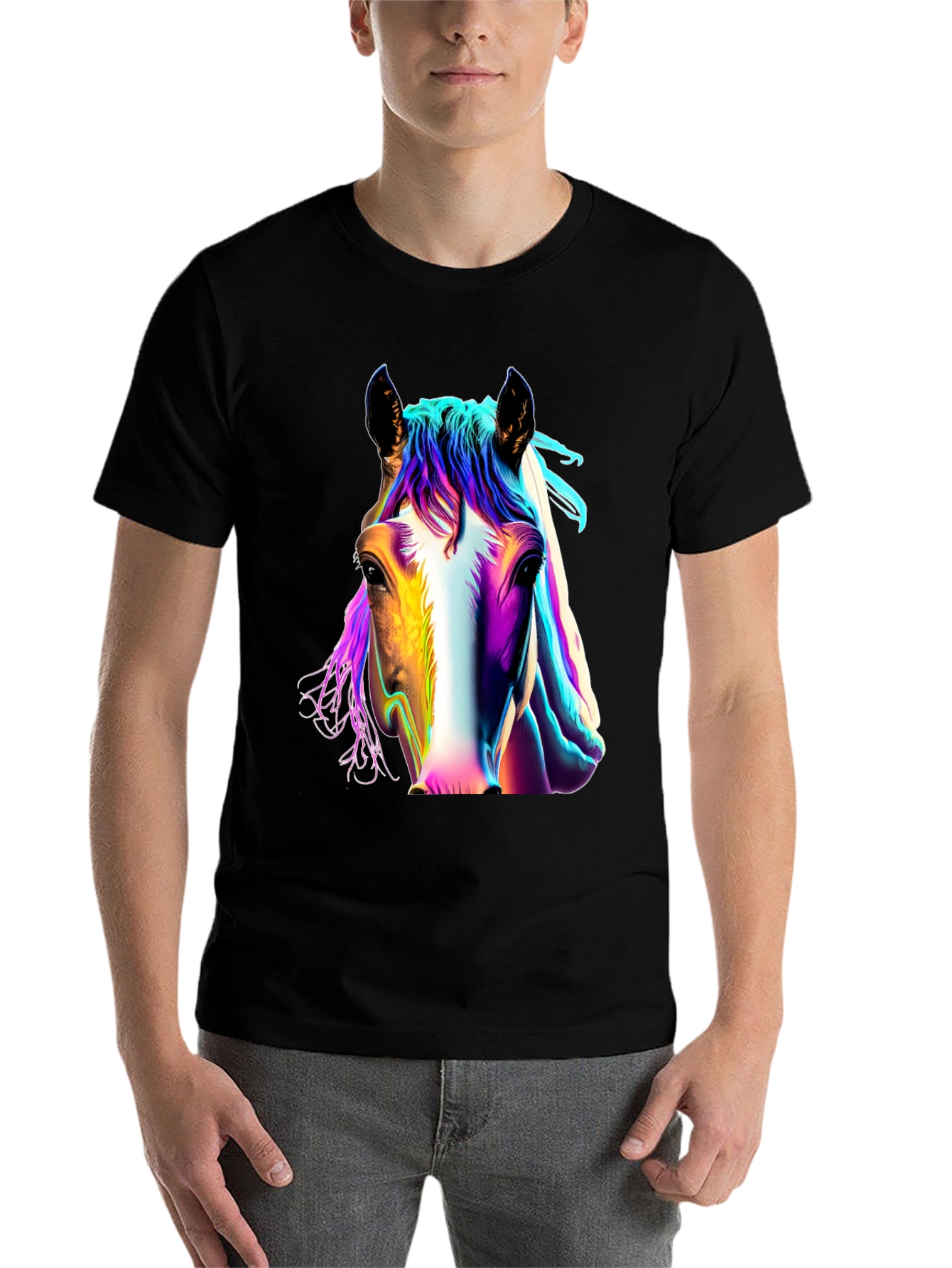 Colorful Horse Graphic Black T-Shirt - 7