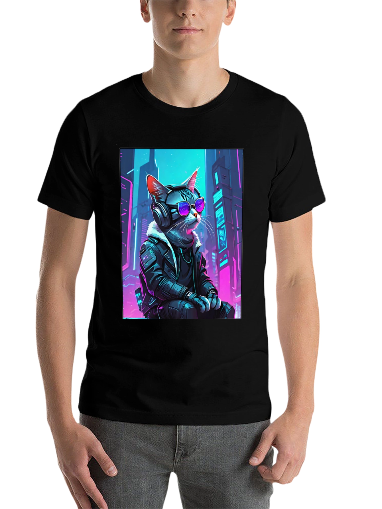 Black Cyberpunk Cat T-Shirt - Cool Neon Design view 7
