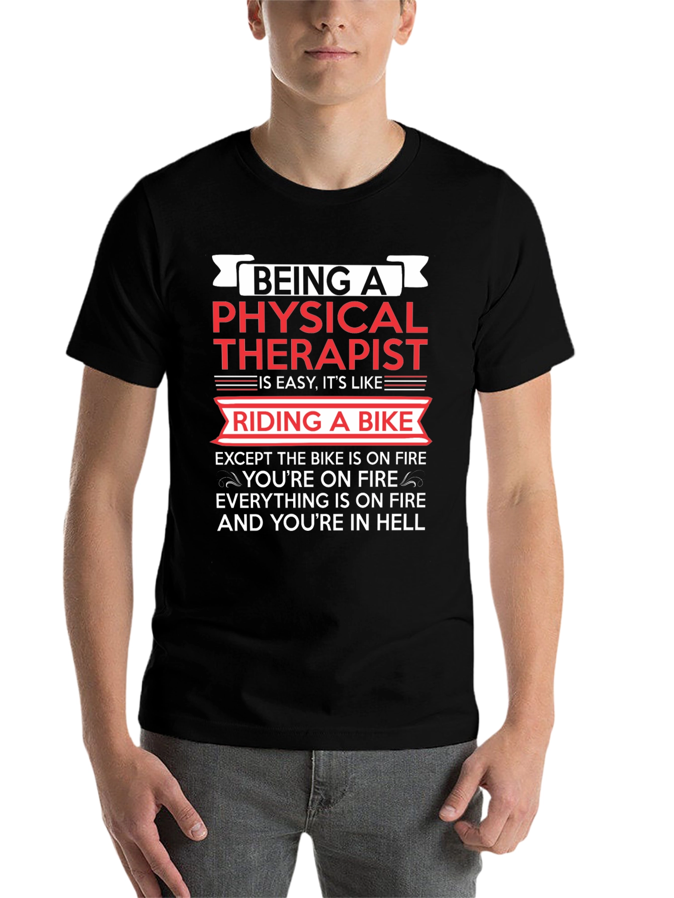 Black Physical Therapist Funny T-Shirt Bike On Fire Graphic Tee view 7