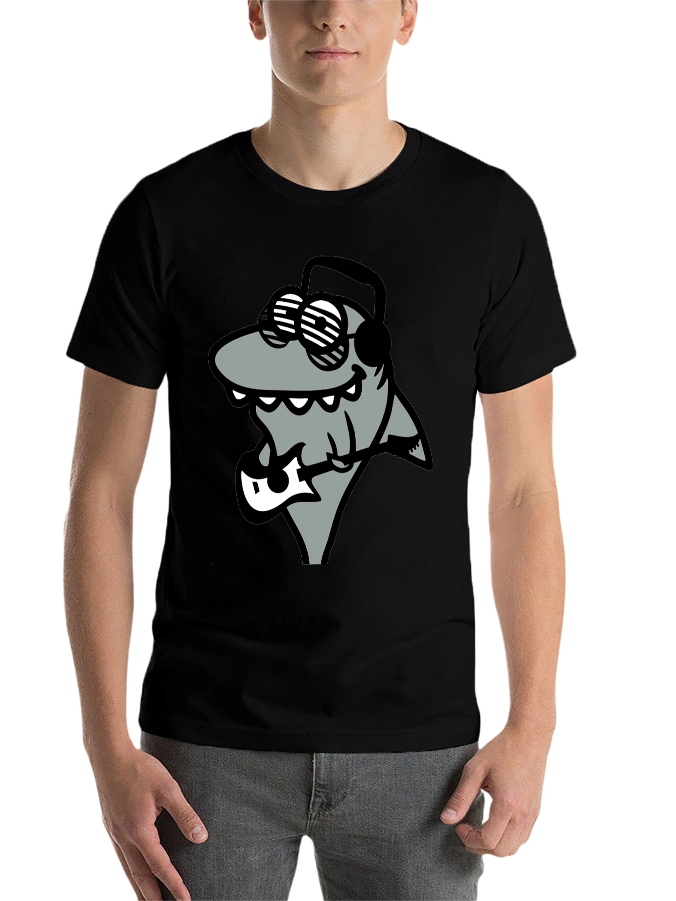 Black Cool Shark Guitarist Graphic Tee view 7
