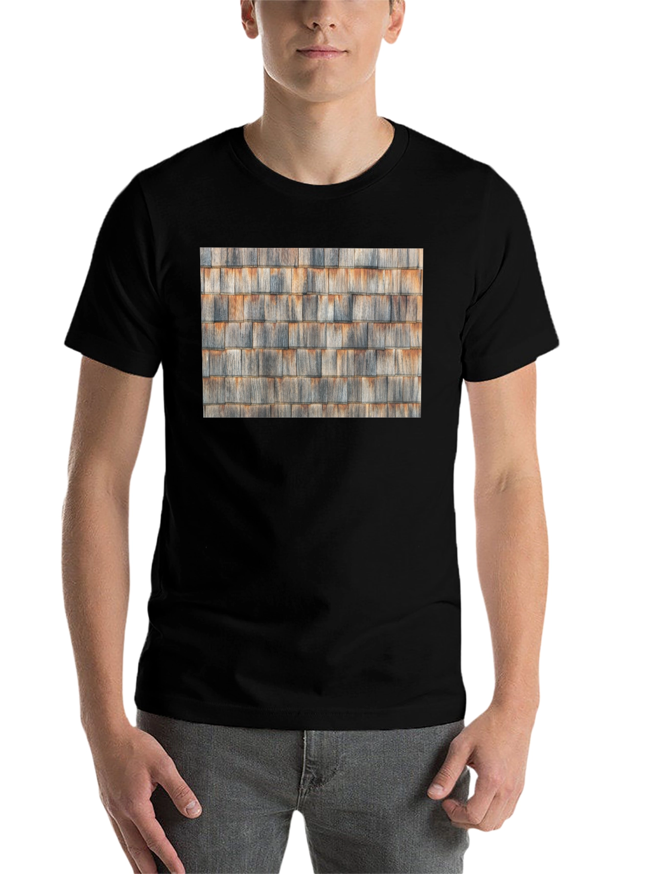 Black Rustic Cedar Shingle Pattern Black T-Shirt view 7