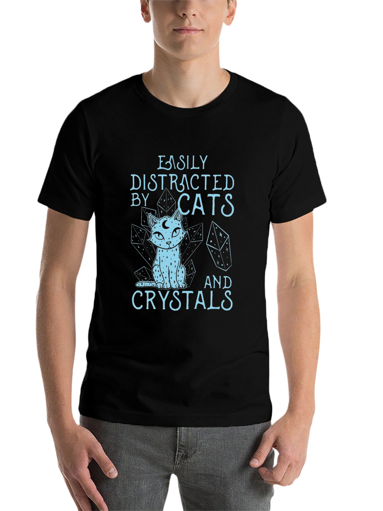 Black Easily Distracted by Cats & Crystals T-Shirt view 7