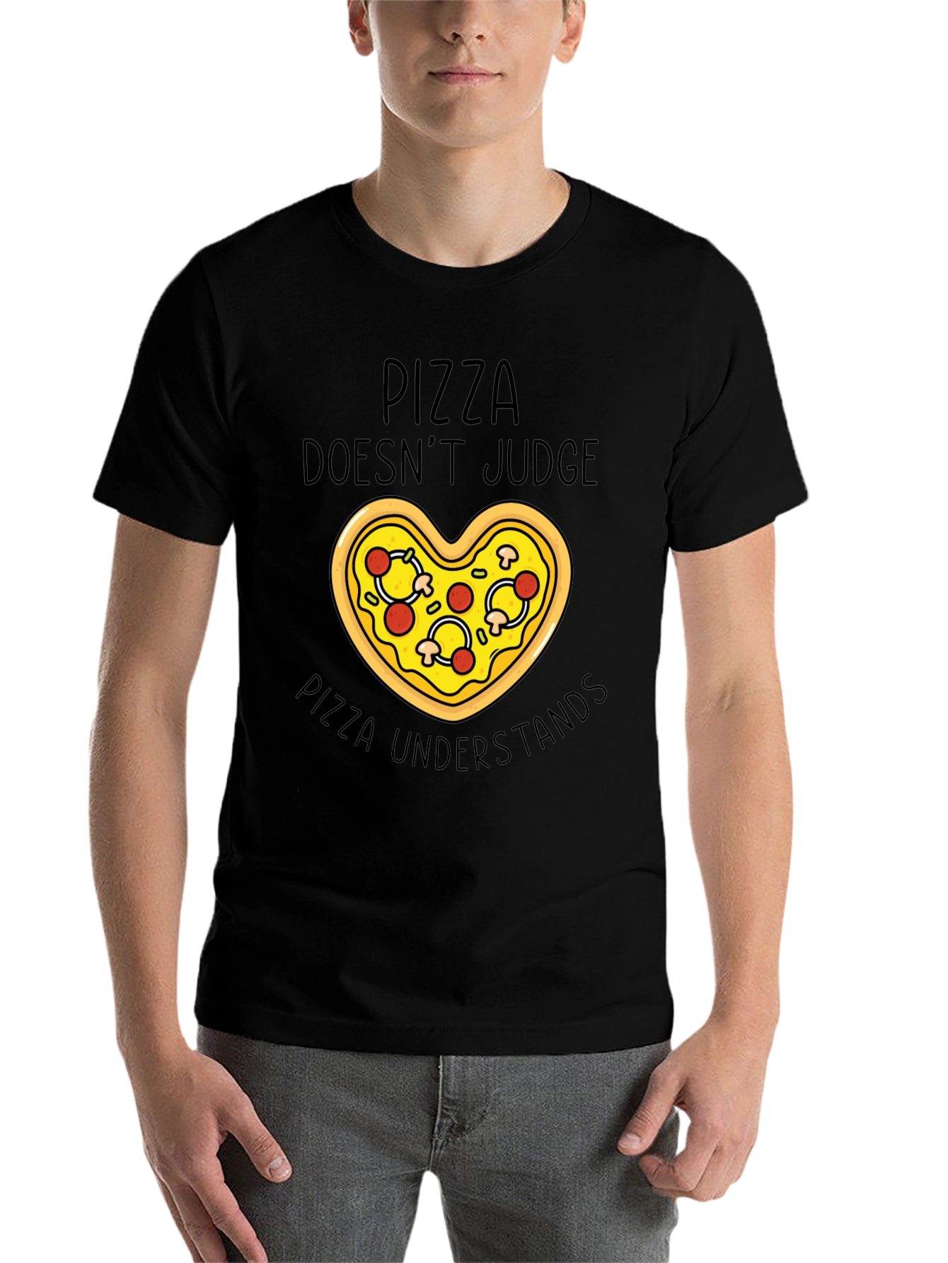 Black Pizza Lover's Tee: Pizza Doesn't Judge T-Shirt view 7