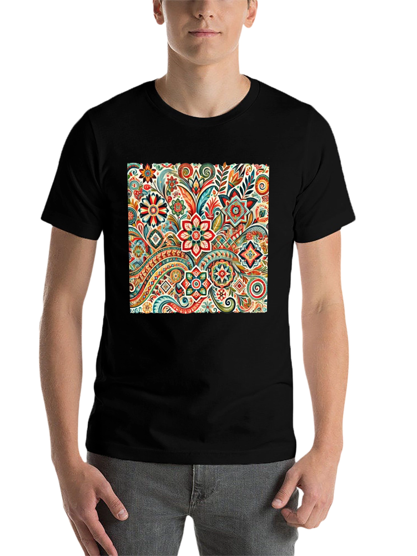 Black Floral Pattern Black T-Shirt: Vibrant & Stylish view 7