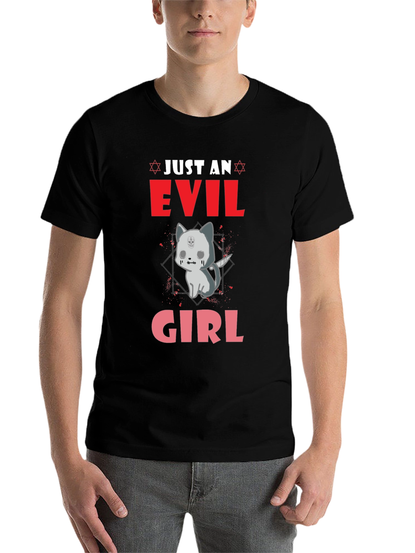 Black Evil Girl Kitten Graphic T-Shirt view 7