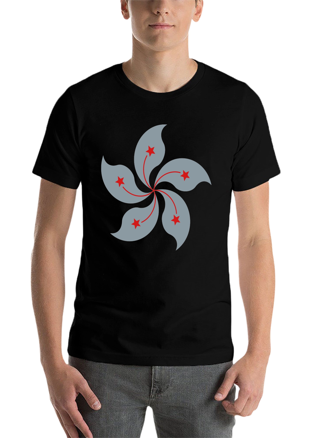 Black T-Shirt with Hong Kong Bauhinia Flower Design - 7